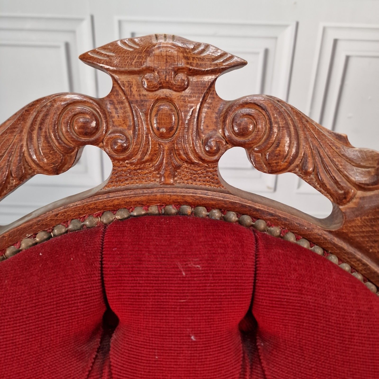 Antique Victorian Style Chair Carved Walnut Red Upholstery Bedroom Seat Louis photo buy