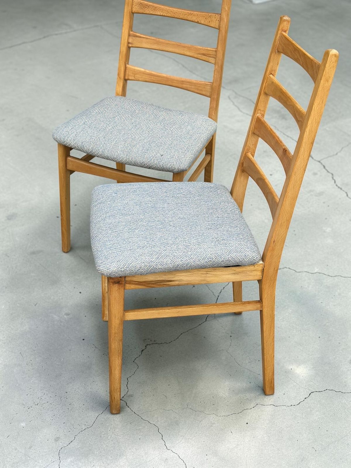 Pair Of Vintage East German Ladderback Dining Chairs Available In Blue Or Pink Linwood Upholstery photo buy