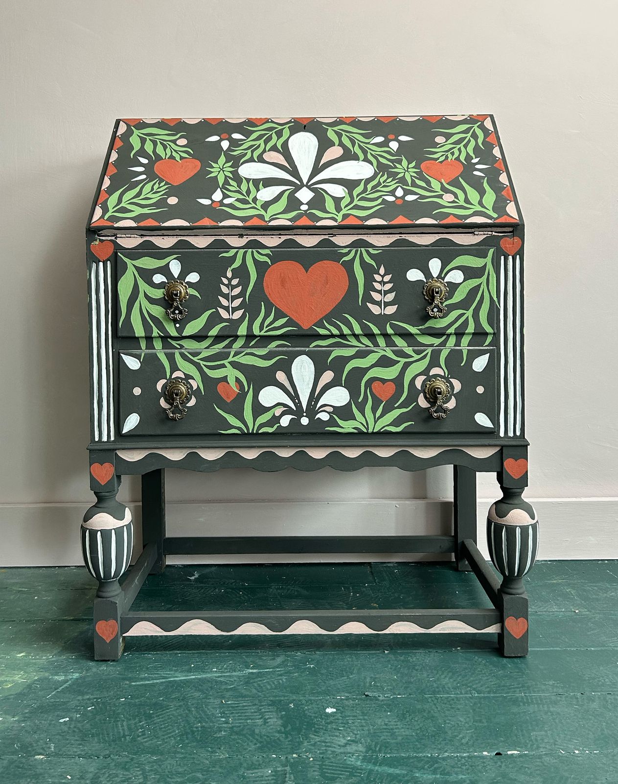 Hand Painted Folk Art Writing Bureau Desk photo furniture