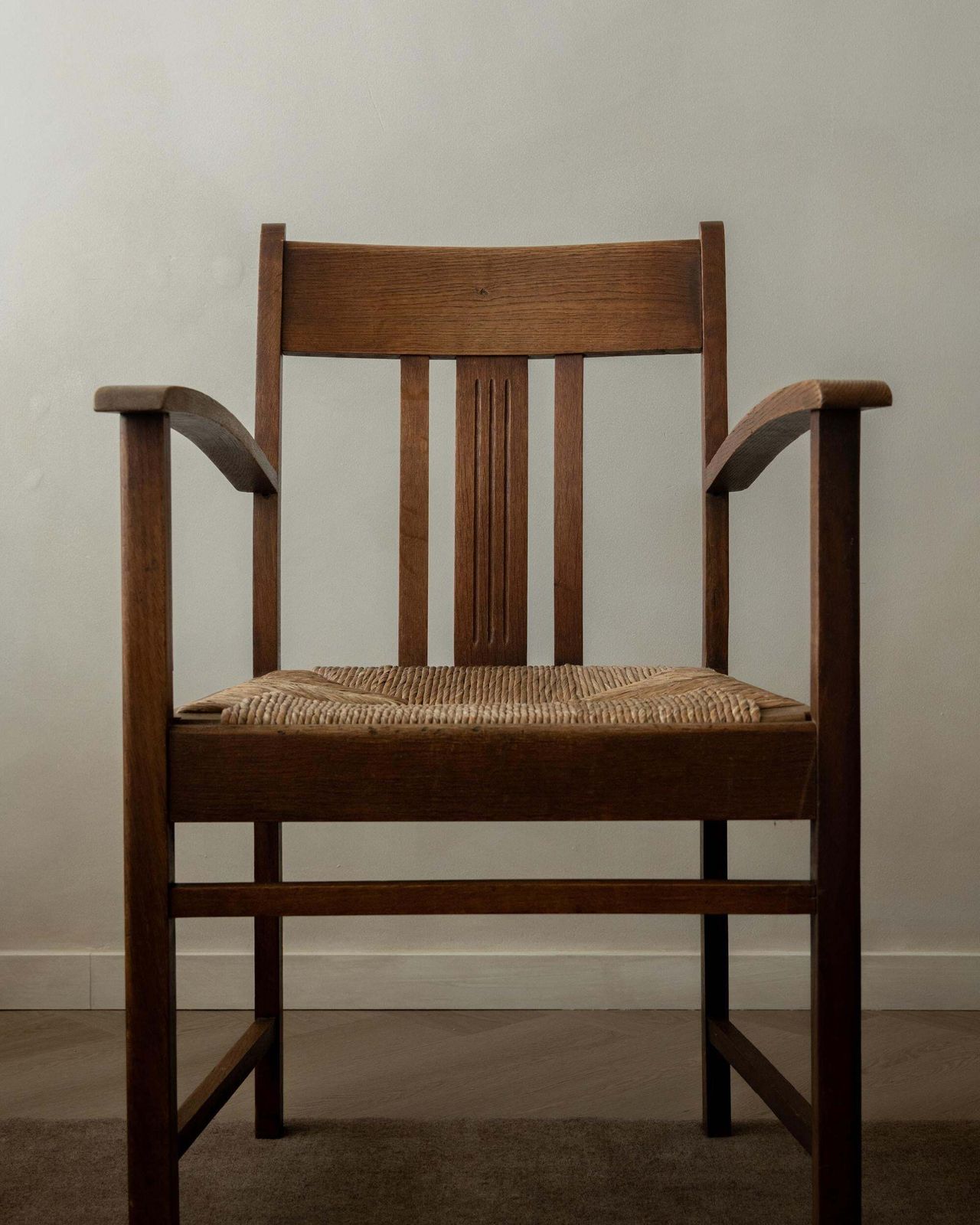 Dutch Art Deco Oak And Rush Armchair Amsterdam School, Netherlands, 1920s photo buy
