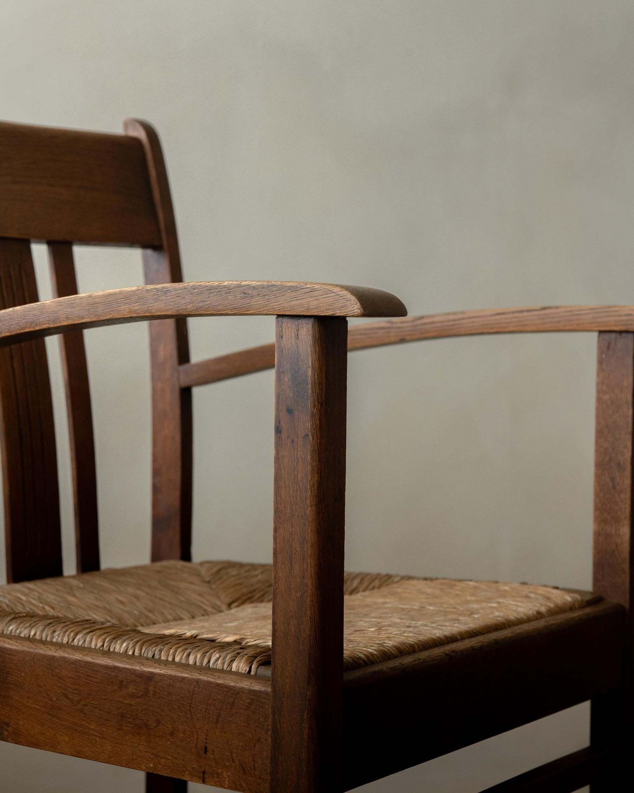 photo furniture Dutch Art Deco Oak And Rush Armchair Amsterdam School, Netherlands, 1920s