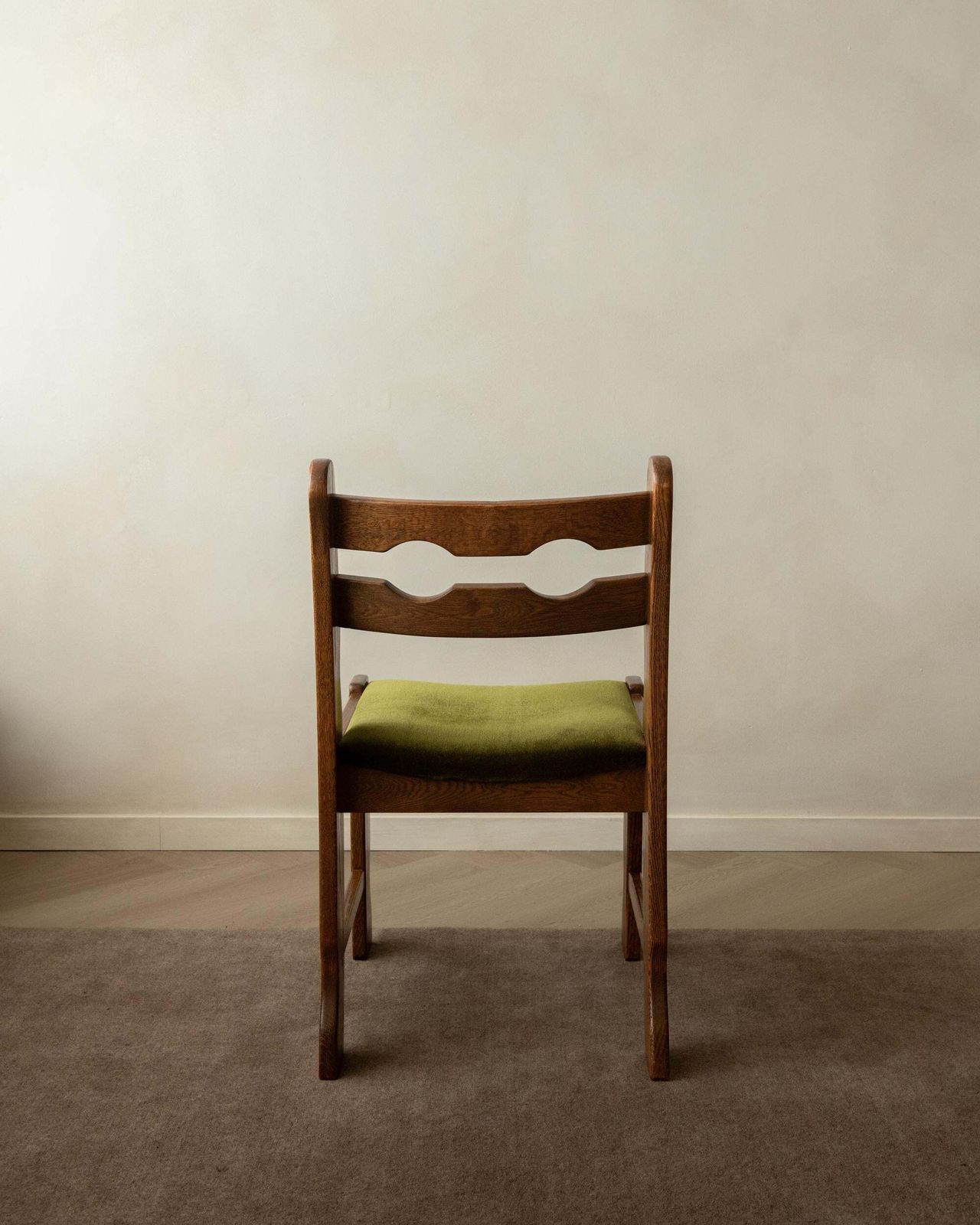 photo for sale Brutalist Oak Razorback Dining Chairs With Green Velvet, 1970s, Set Of 4