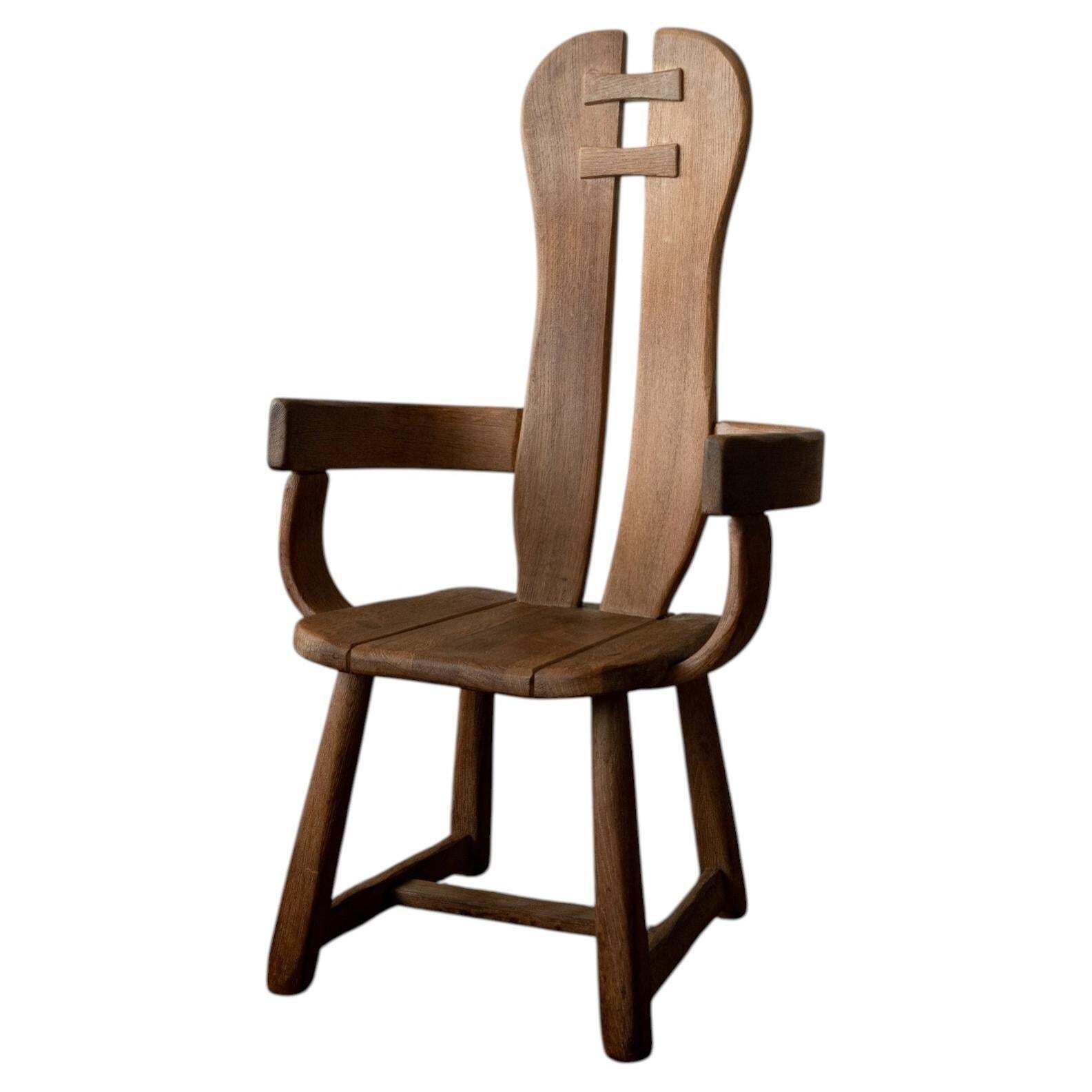 Brutalist Oak Armchair With Sculptural High Back By De Puydt, Beglium, 1960s