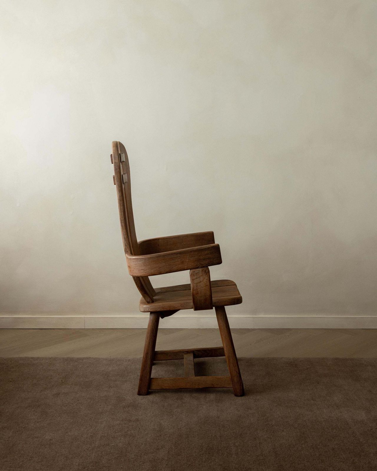 Brutalist Oak Armchair With Sculptural High Back By De Puydt, Beglium, 1960s photo for sale