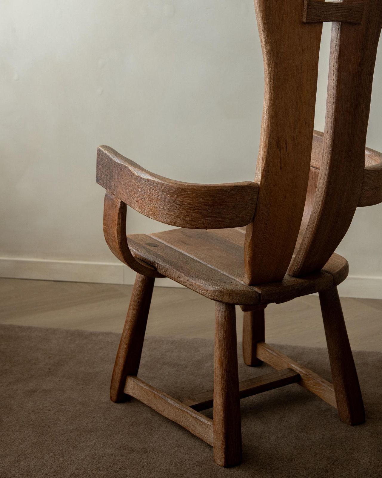 Brutalist Oak Armchair With Sculptural High Back By De Puydt, Beglium, 1960s photo buy