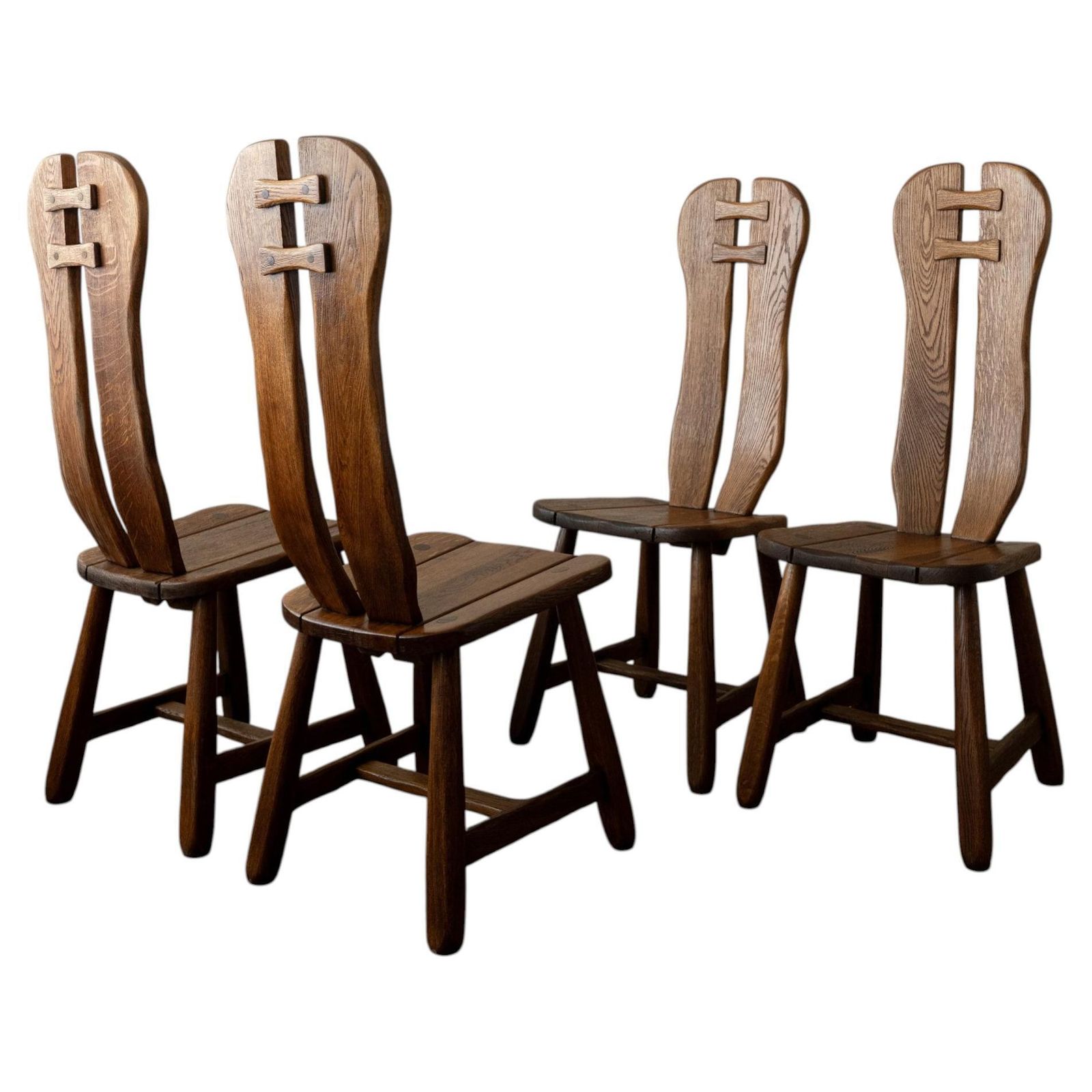 Brutalist Oak Dining Chairs With Sculptural High Backs De Puydt, 1960s, Set Of 6