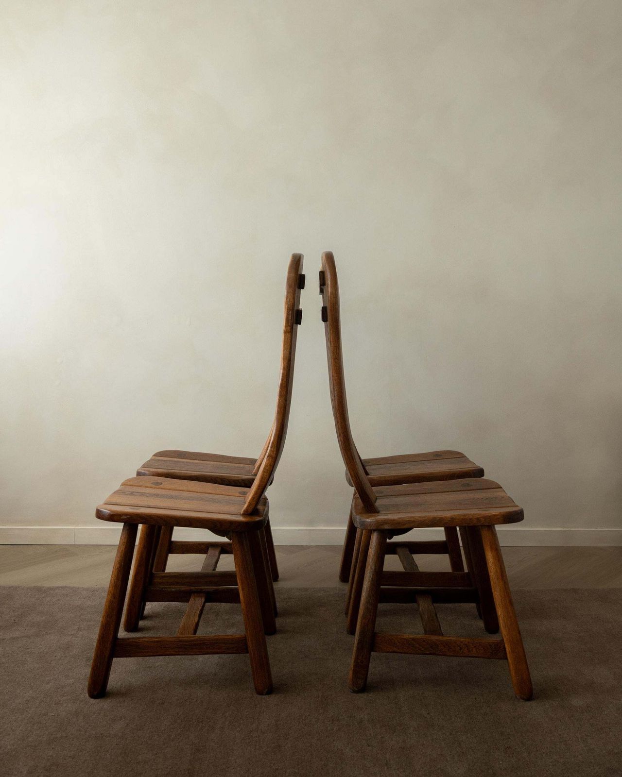 Brutalist Oak Dining Chairs With Sculptural High Backs De Puydt, 1960s, Set Of 6 photo furniture
