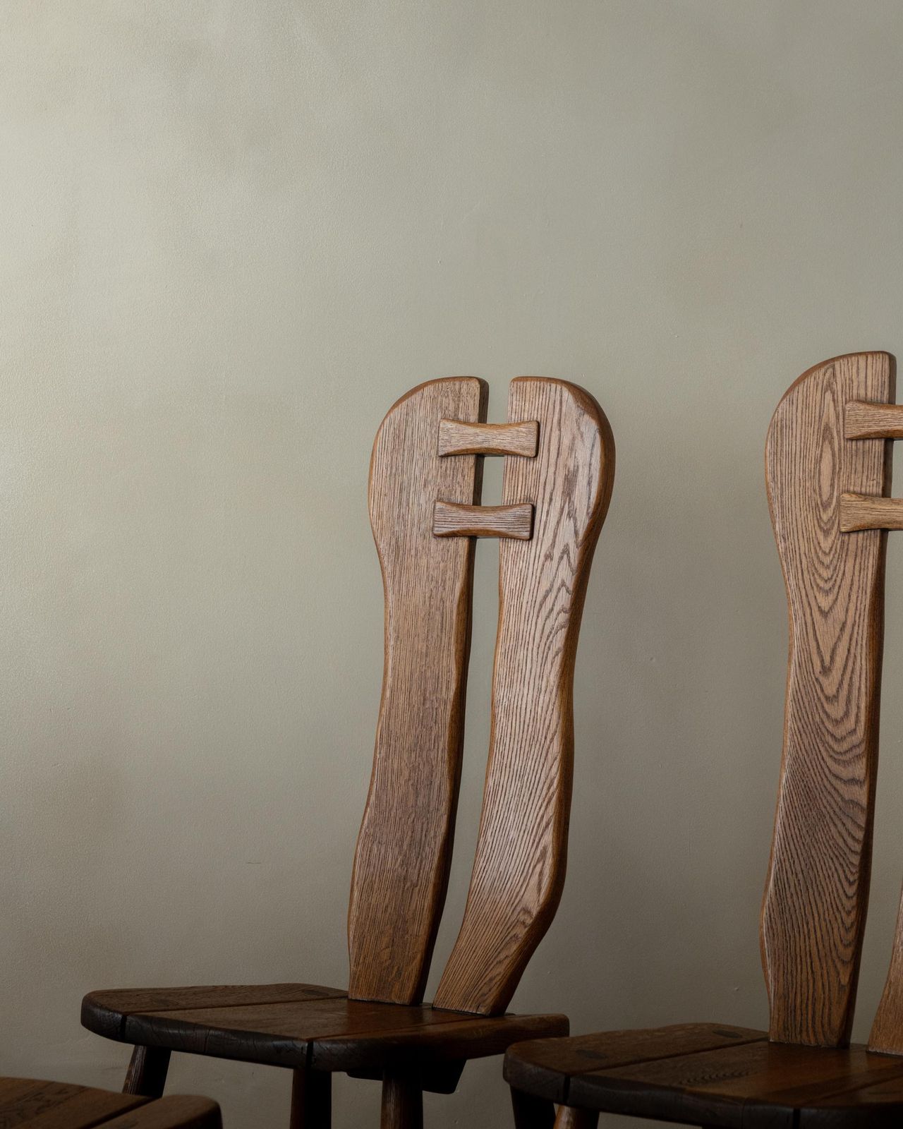 photo for sale Brutalist Oak Dining Chairs With Sculptural High Backs De Puydt, 1960s, Set Of 6