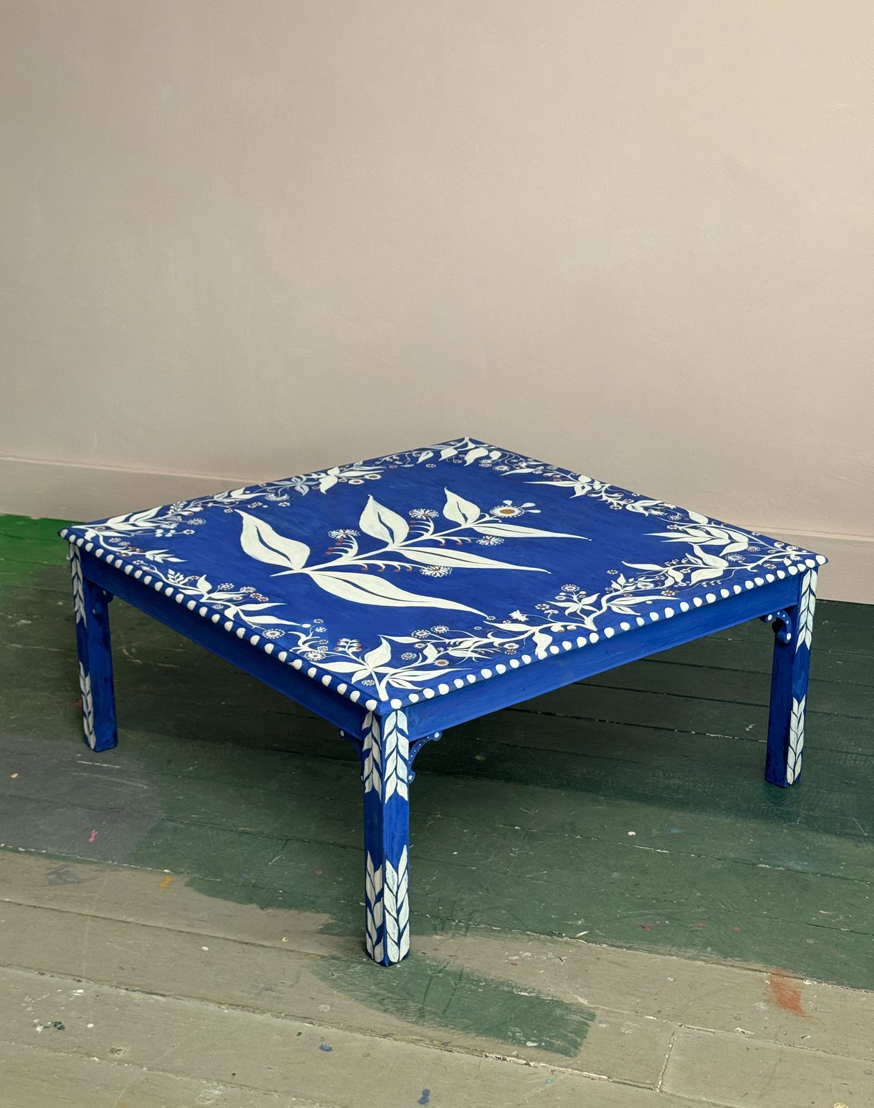 Hand Painted Floral Coffee Table In Frida Blue photo furniture