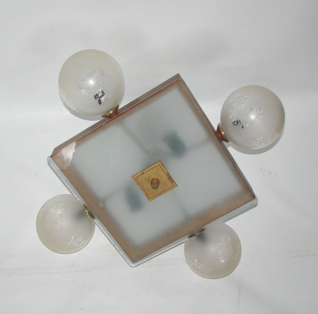 Mid Century Vintage Chandelier, 1950s, Brass, Wood And Frosted Glass, 4x E14 photo Lighting