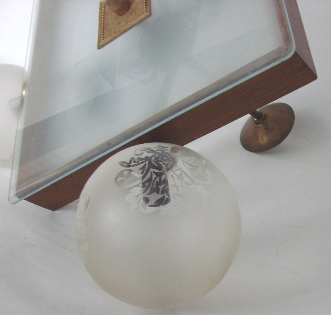 Lighting Mid Century Vintage Chandelier, 1950s, Brass, Wood And Frosted Glass, 4x E14 photo