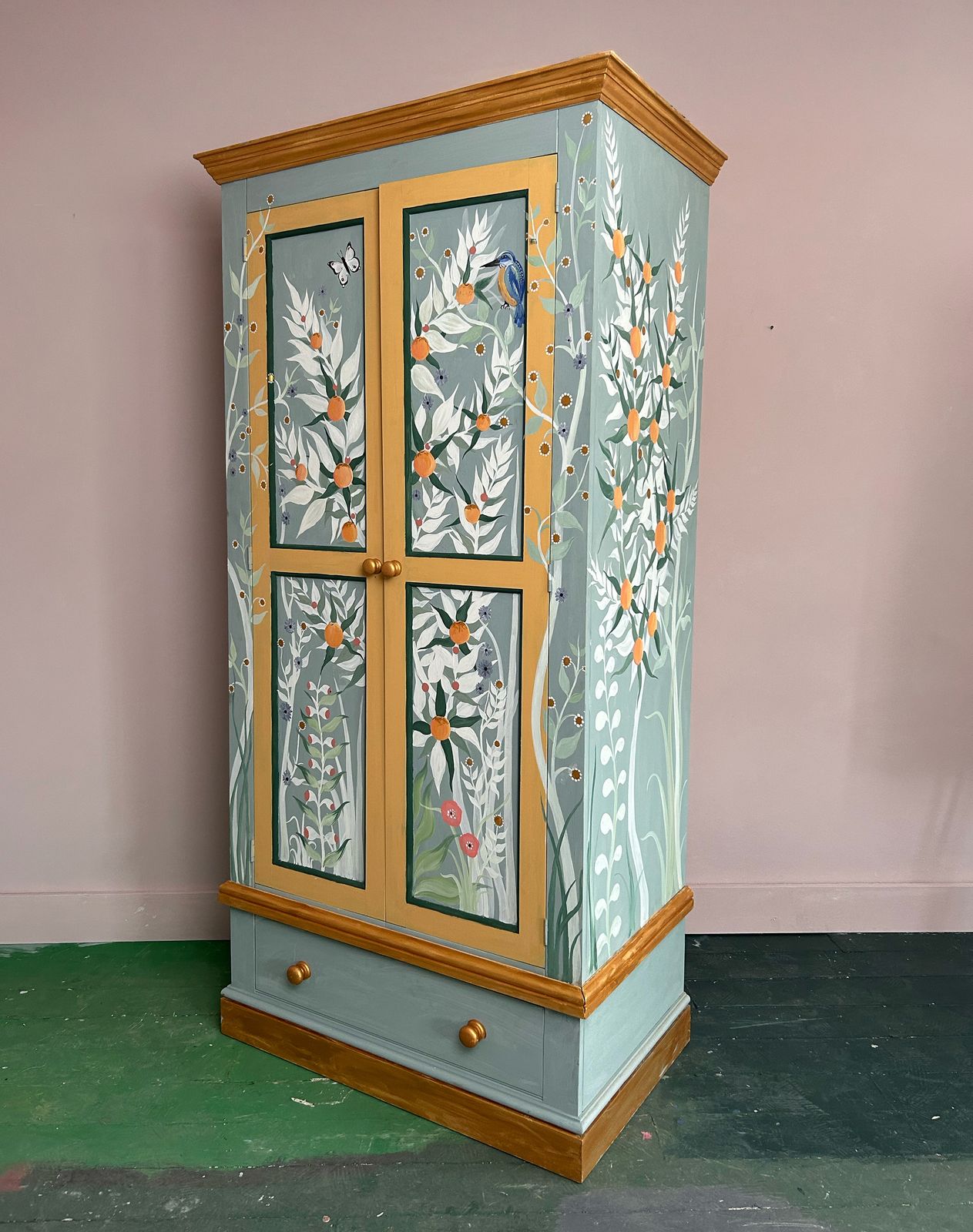 Hand Painted Chinoiserie Wardrobe With Kingfisher & Botanical Design photo furniture
