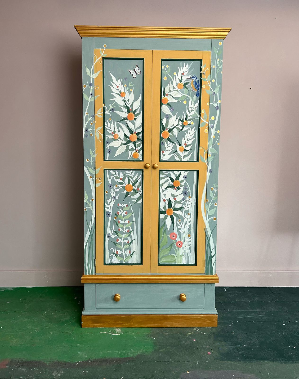 Hand Painted Chinoiserie Wardrobe With Kingfisher & Botanical Design photo for sale
