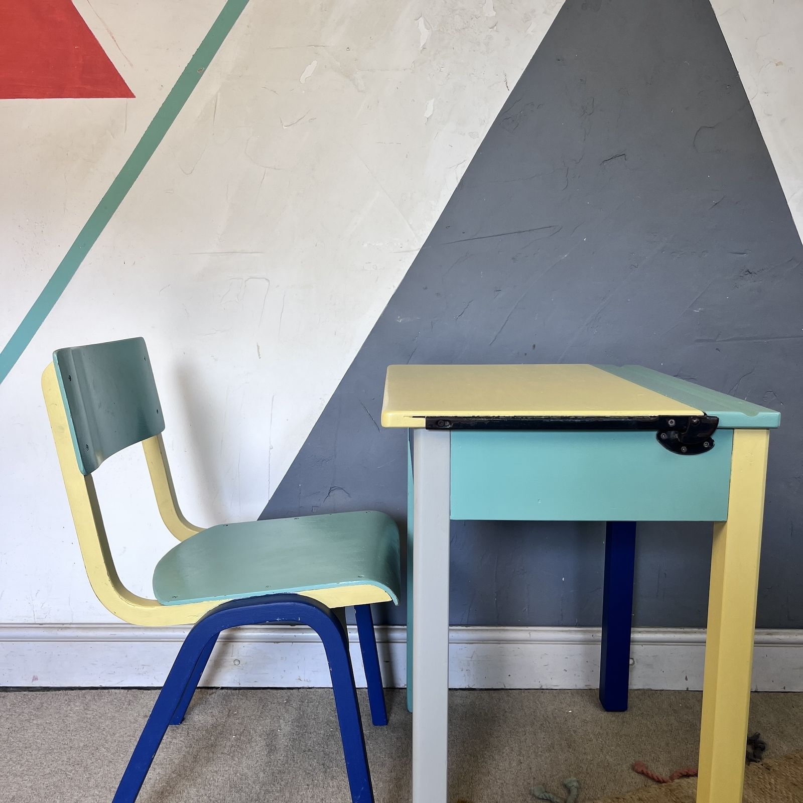 Mid Century Colourful Kids School Desk And Chair