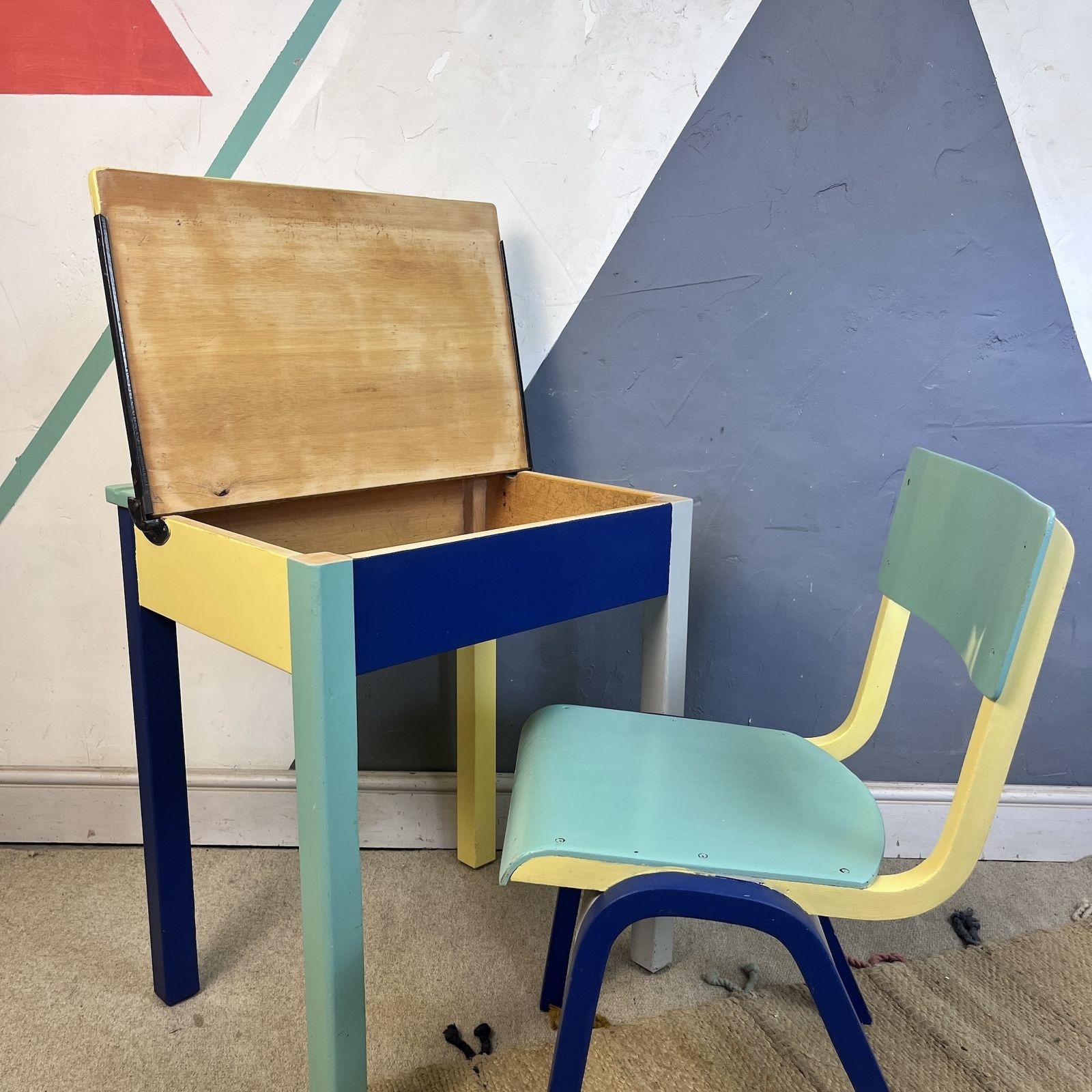 Mid Century Colourful Kids School Desk And Chair photo Furniture