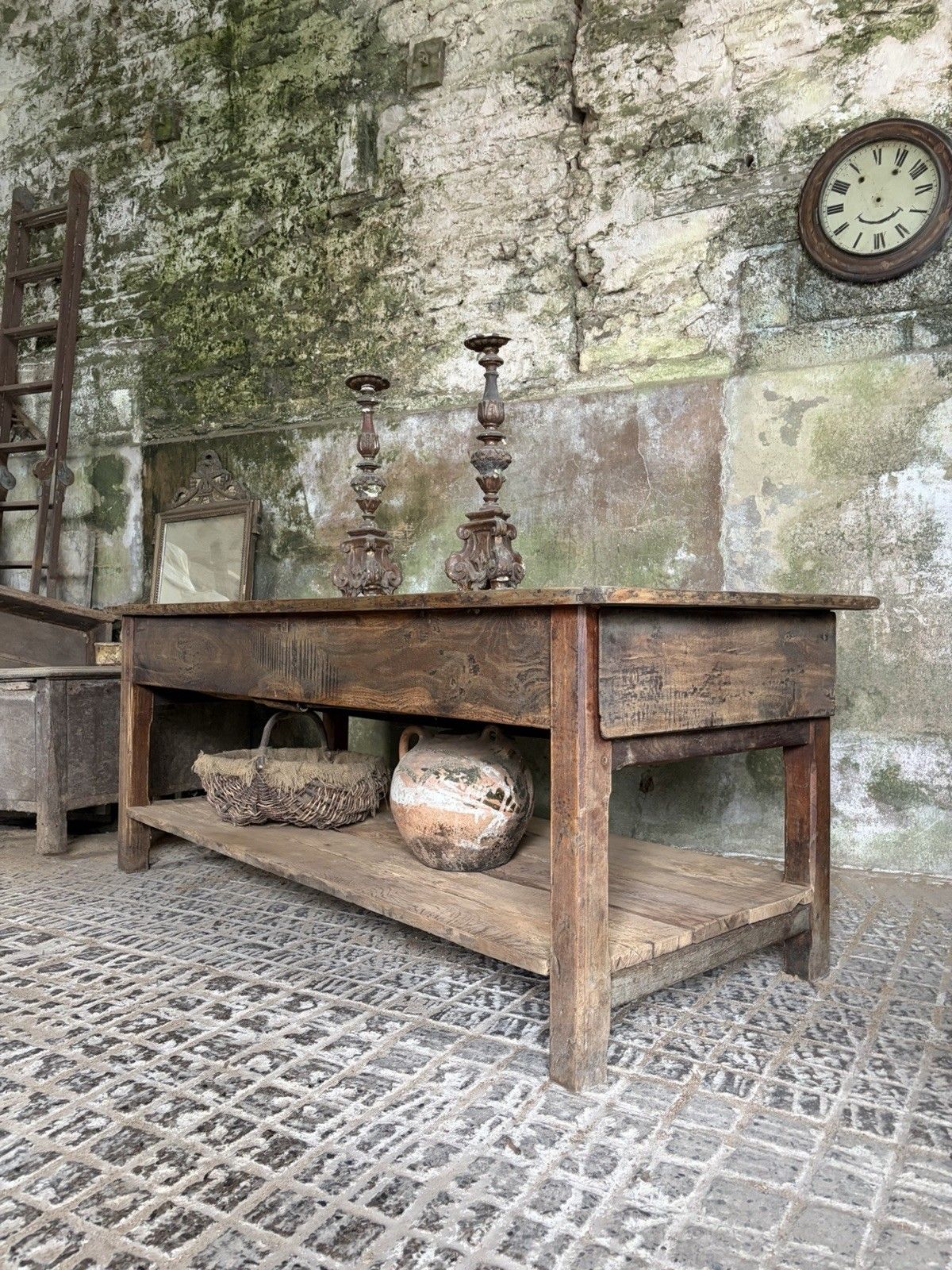 Antique French Farmhouse Kitchen Island Table — Pine & Oak, Two Drawers, 192cm