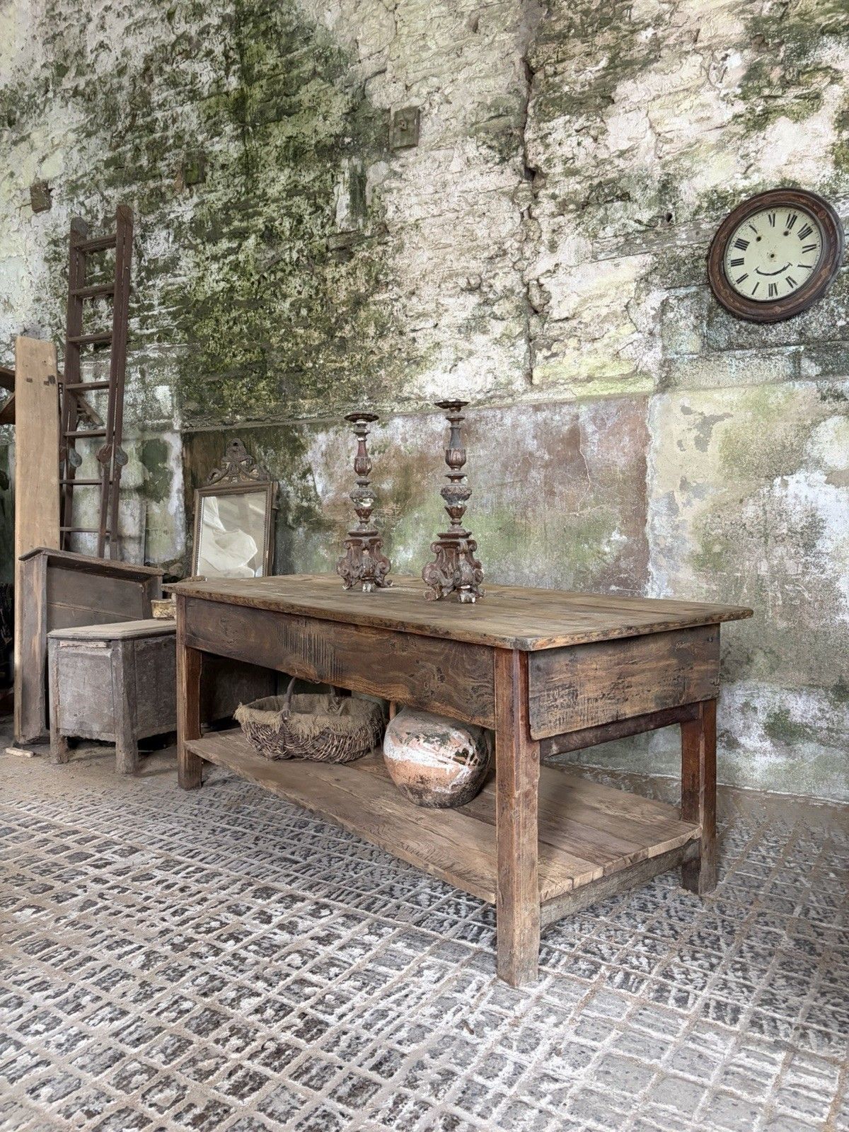 Antique French Farmhouse Kitchen Island Table — Pine & Oak, Two Drawers, 192cm photo furniture