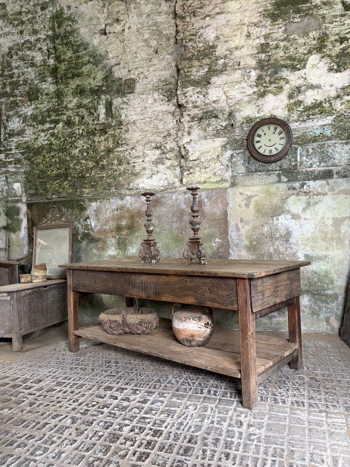 Antique French Farmhouse Kitchen Island Table — Pine & Oak, Two Drawers, 192cm photo for sale