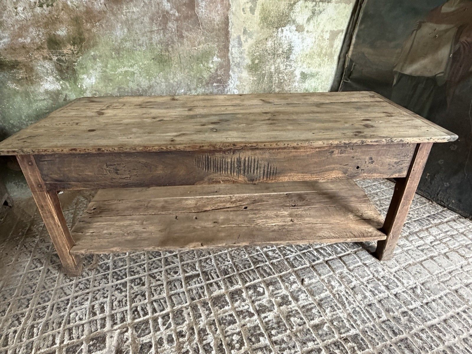 photo vintage Antique French Farmhouse Kitchen Island Table — Pine & Oak, Two Drawers, 192cm