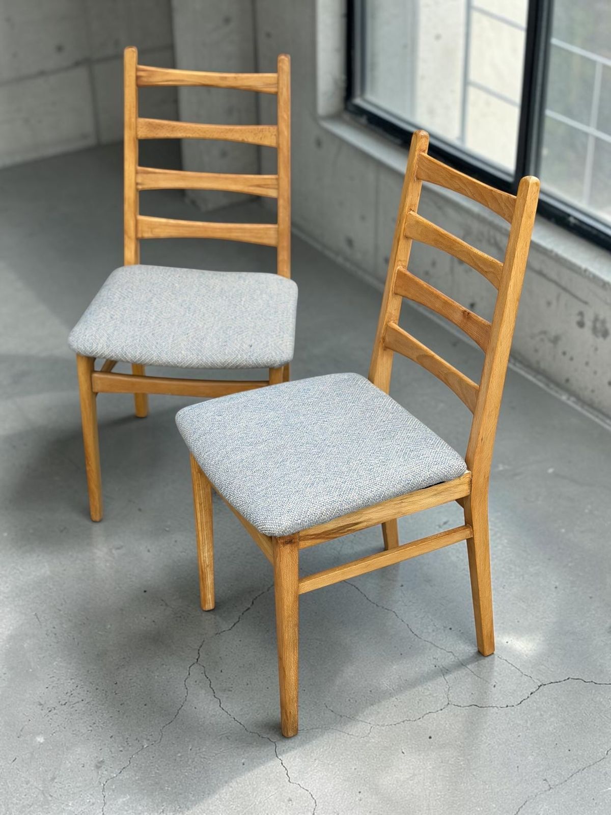 Pair Of Vintage East German Ladderback Dining Chairs In Blue Linwood Upholstery