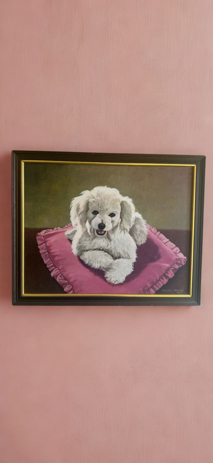 Vintage Framed Poodle Dog Portrait Oil Painting By R.K.H. Jacob