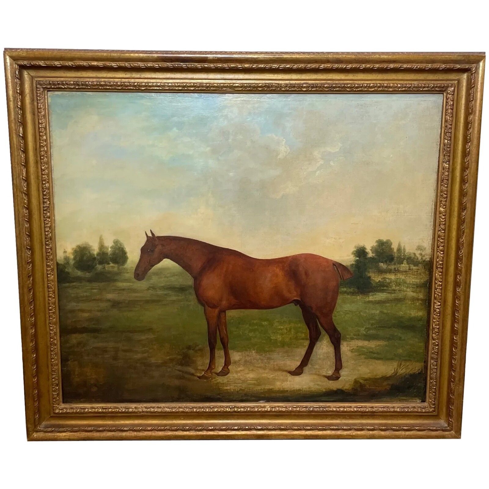 Vroeg-19e-eeuws ruiterij-olieschilderij van het renpaard Partisan, gefokt door de 4e Duke of Grafton, ca. 1827, gesigneerd door James Barenger.