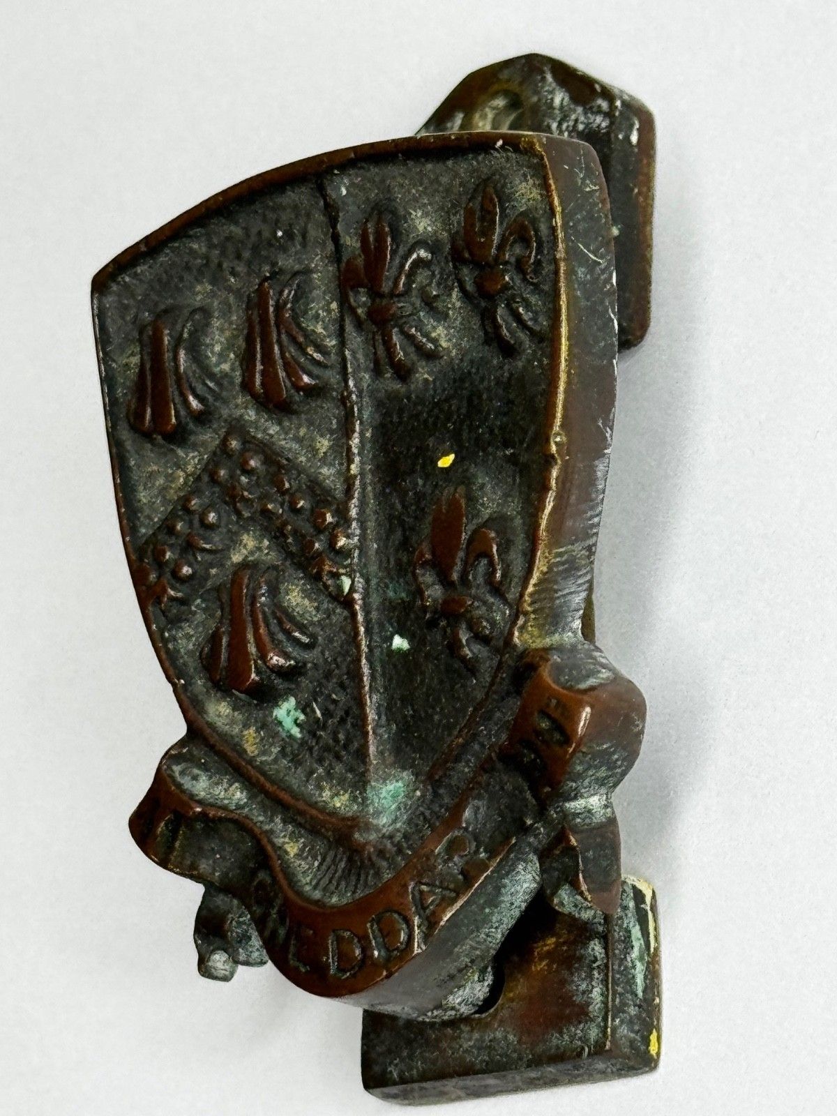 Early 20th Century Cheddar Bronze Door Knocker Heraldic Coat Of Arms Shield Fleur De Lys C1925 photo vintage