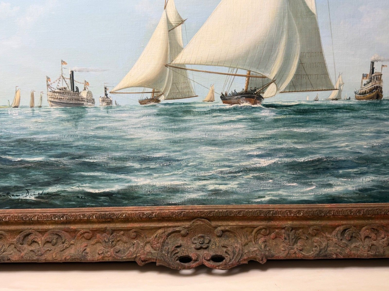 Maritiem 20e-eeuws olieverfschilderij op doek in lijst, The America's Cup 1881 Yacht Race, gesigneerd John Bentham Dinsdale photo 15000.0