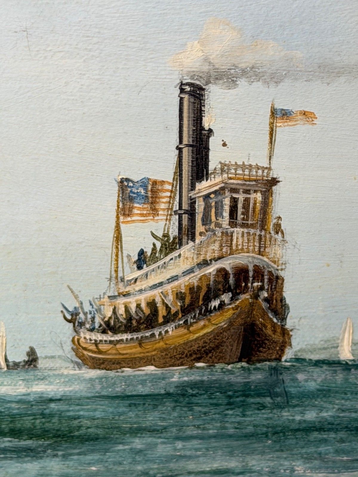 Maritiem 20e-eeuws olieverfschilderij op doek in lijst, The America's Cup 1881 Yacht Race, gesigneerd John Bentham Dinsdale photo vintage