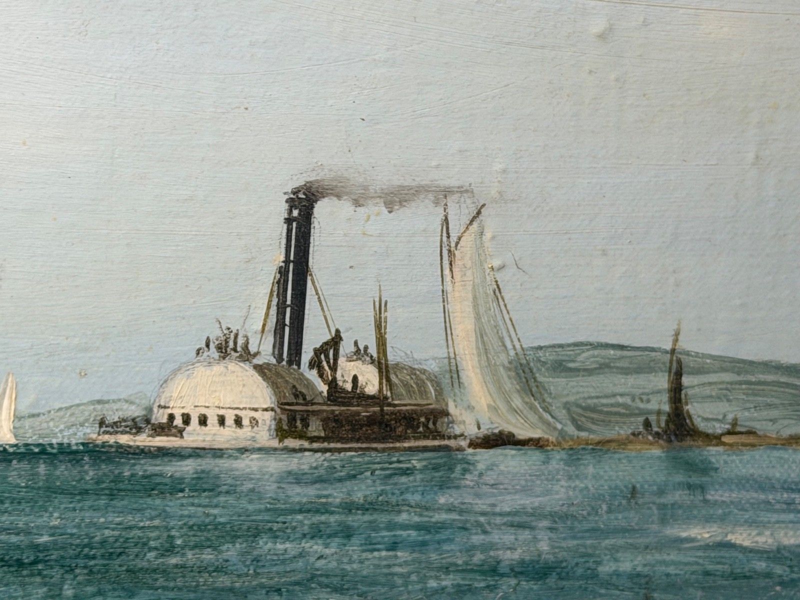 photo furniture Maritiem 20e-eeuws olieverfschilderij op doek in lijst, The America's Cup 1881 Yacht Race, gesigneerd John Bentham Dinsdale