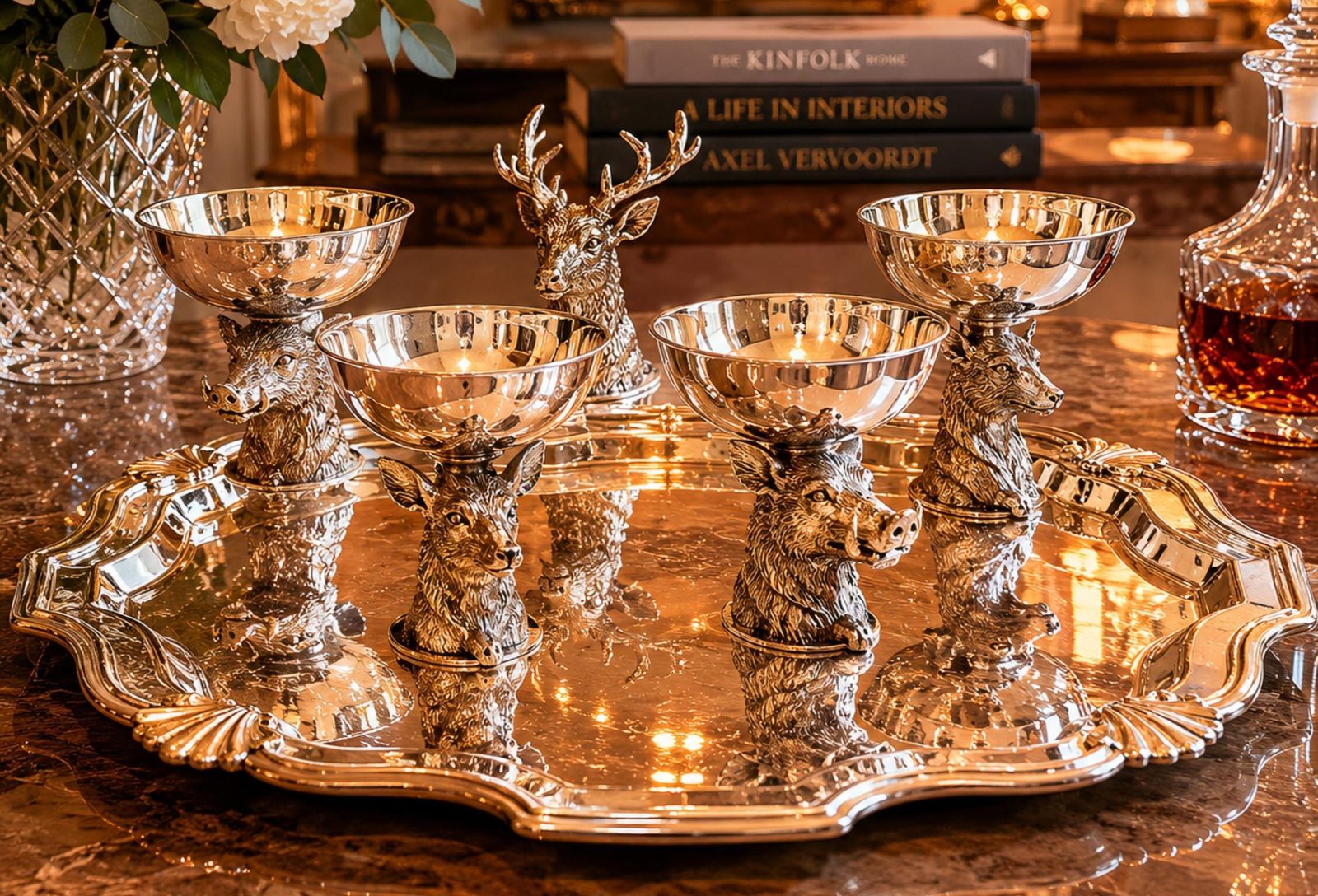 Italian Silver Plated Animal Head Liqueur Cups With Matching Serving Tray Set 6 photo for sale