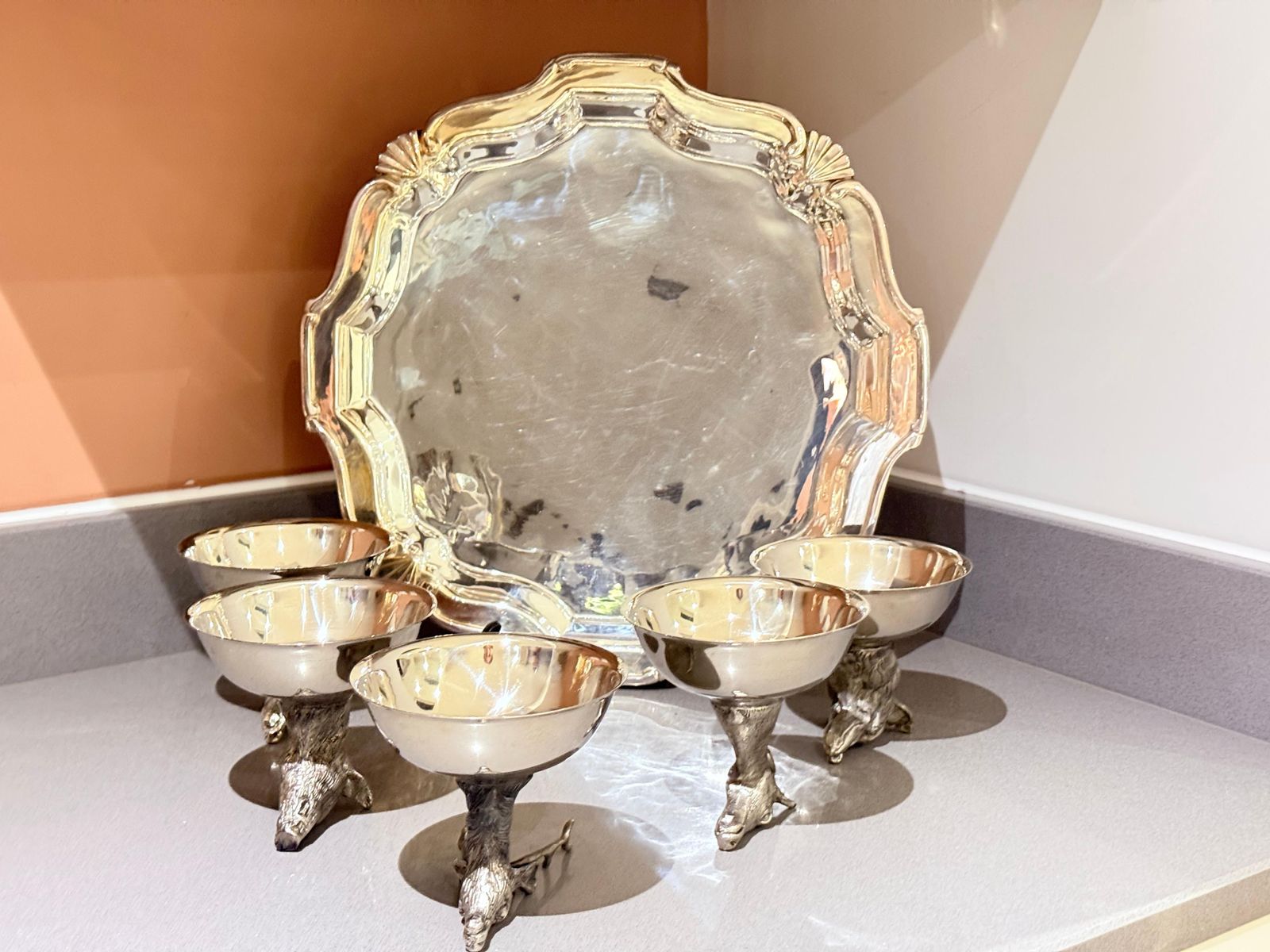 Italian Silver Plated Animal Head Liqueur Cups With Matching Serving Tray Set 6 photo vintage