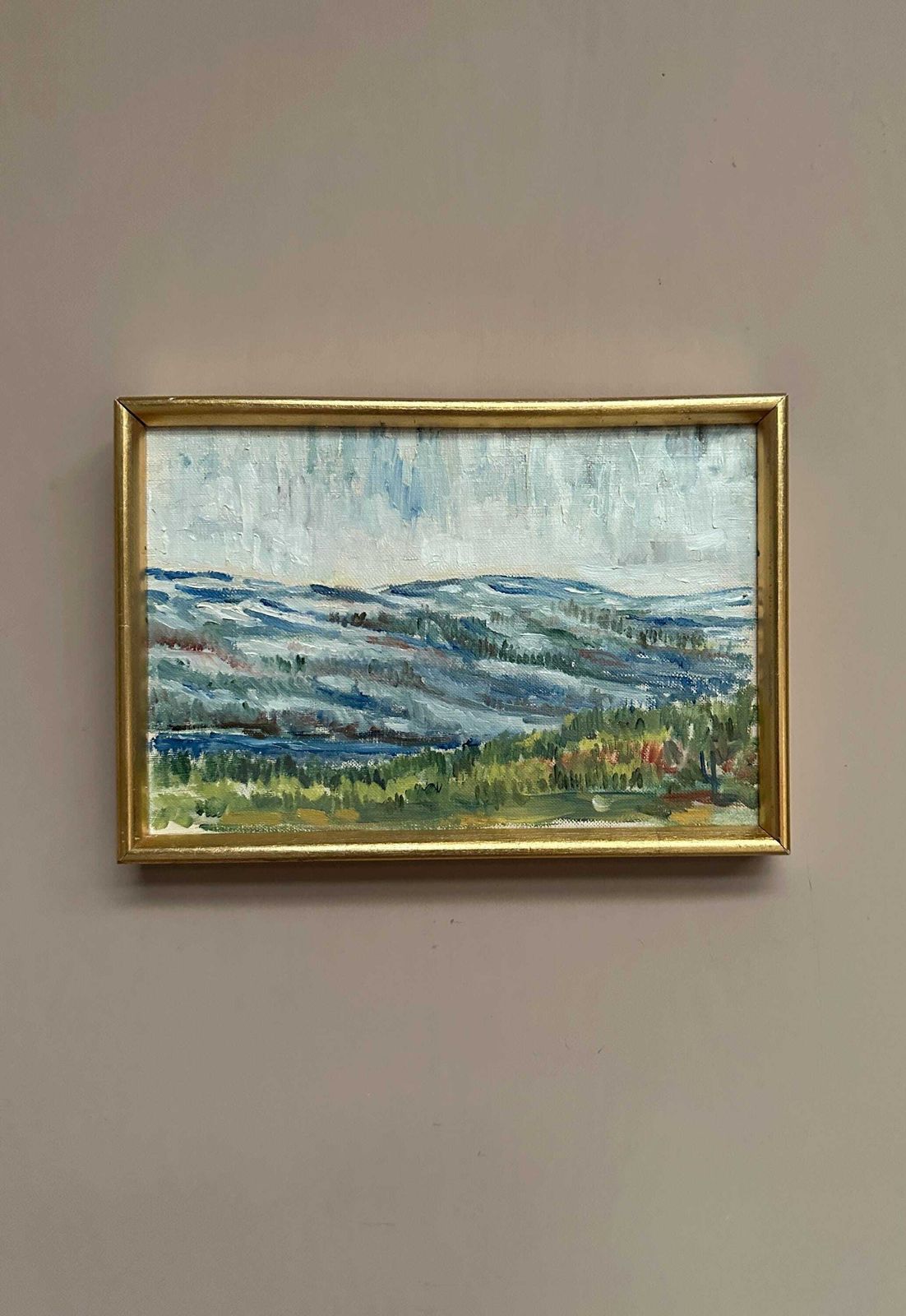 195.0 Mid Century Oil On Canvas Landscape By Unknown Artist Vintage & Framed – 33 × 22 Cm photo