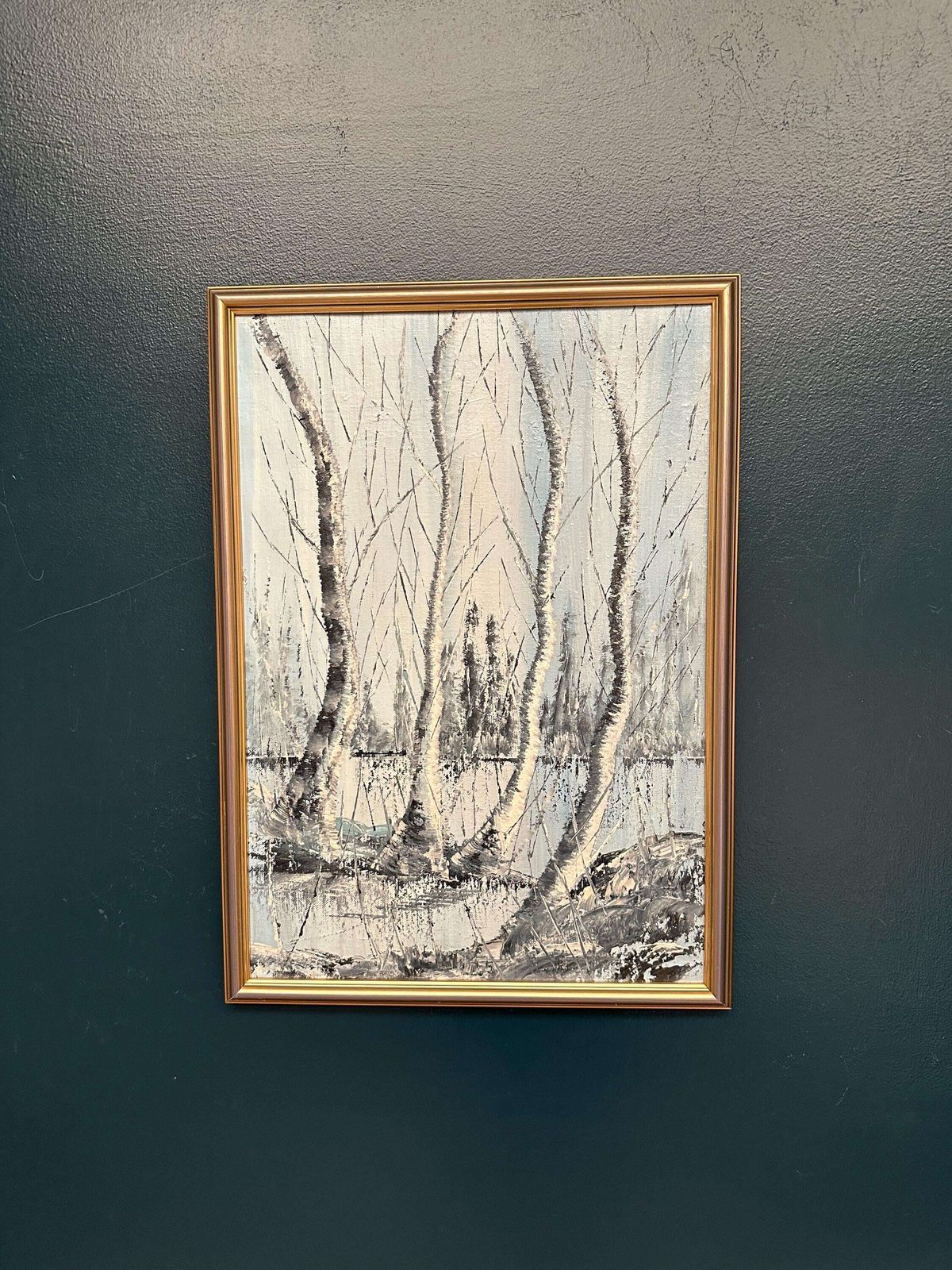 Art Mid Century Scandinavian Oil Painting – Trees By Gunnar Lundén Vintage & Framed 42 × 57 Cm photo