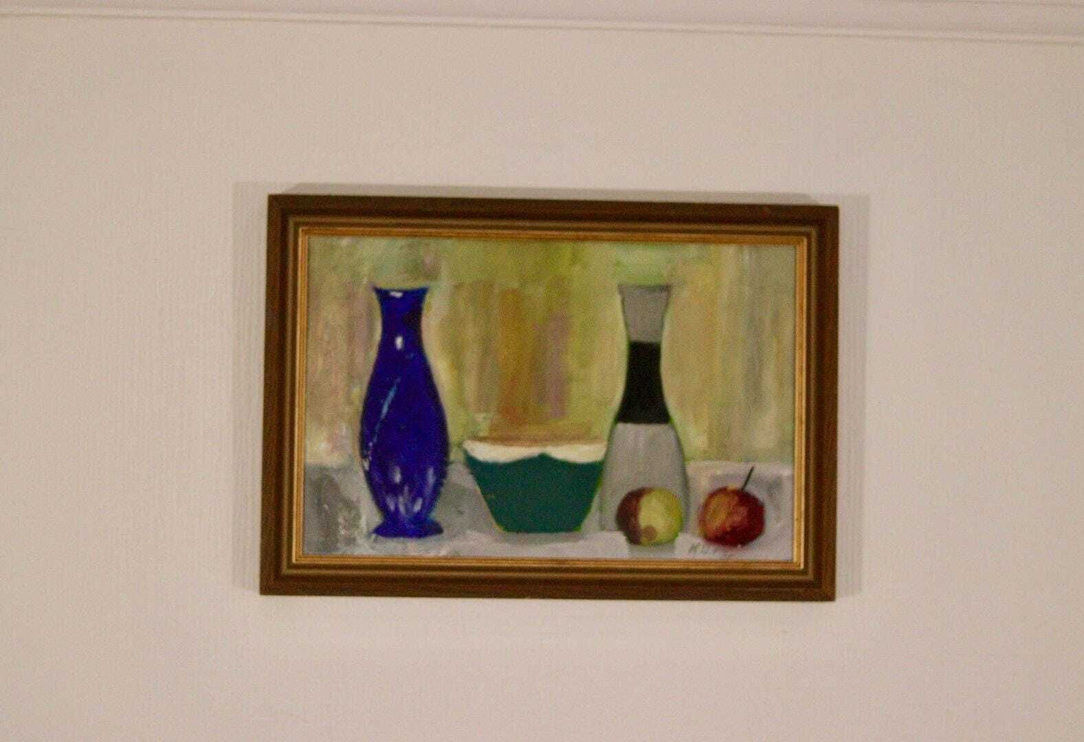 Original Mid Century Oil On Canvas – “Bowl, Vase And Fruit” By K. W. N., Dated 1967 – Vintage & Framed 47 × 32 Cm (18.5" × 12.6") photo 245.0