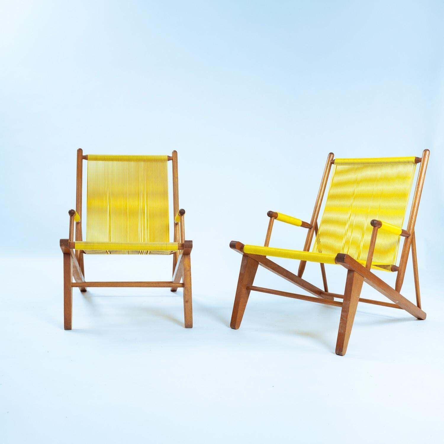 2 Beechwood Yellow 'Spaghetti' Armchairs Garden Lounge Chairs, 1960s photo vintage