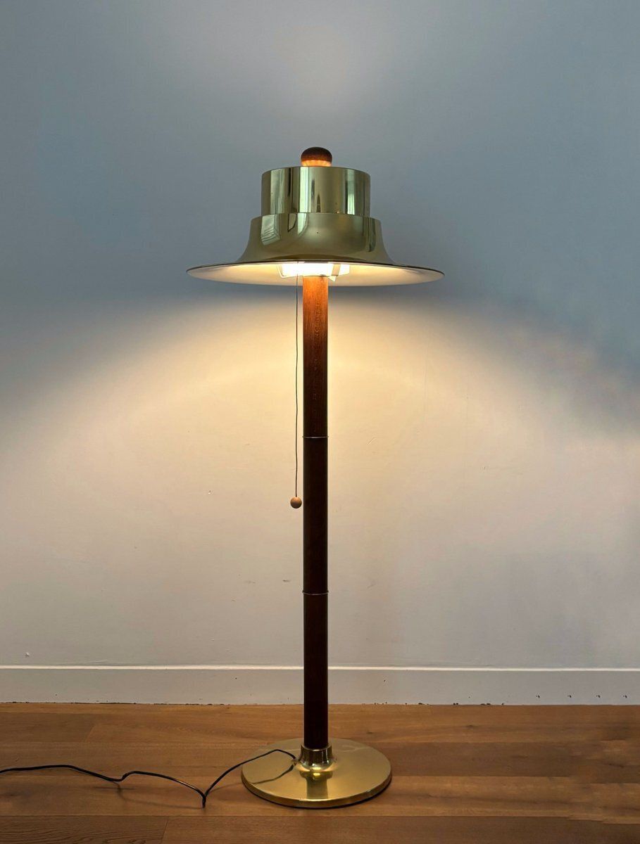 Oak Floor Lamp With Aluminium Shade From Norlett Elit Sweden 1970s