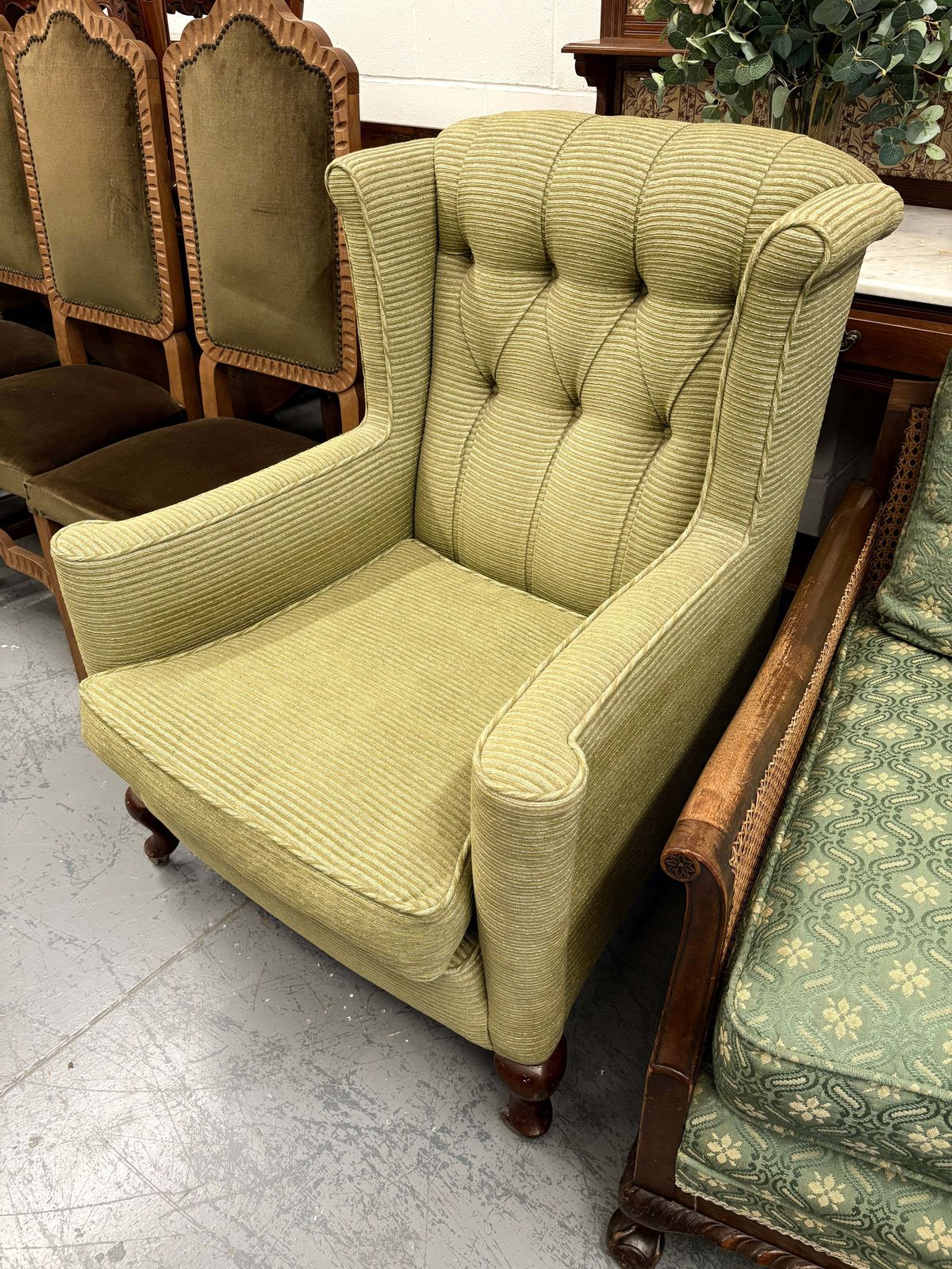 Antique Soft Green Wingback Upright Armchair On Castors & Cabriole Legs Uk Delivery