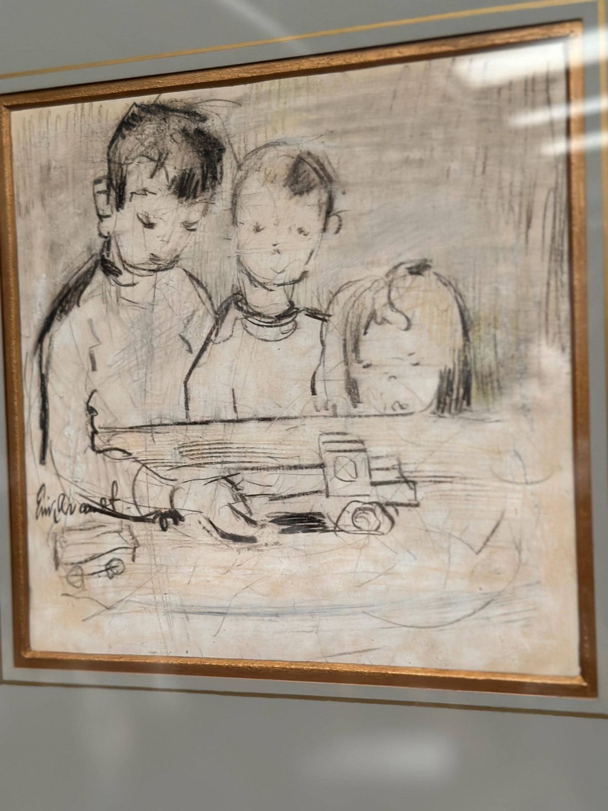 photo for sale Mid Century Drawing On Paper – “Three Figures” By Erik Brandt   Framed & Glazed 37 × 37 Cm