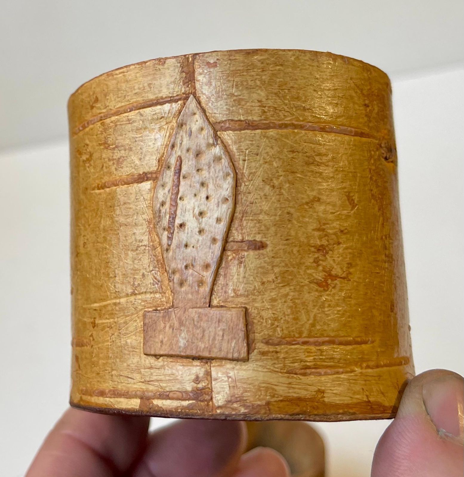 224.0 Old Sámi Carved Folk Art Birch Bark Canister & Wooden Boot photo