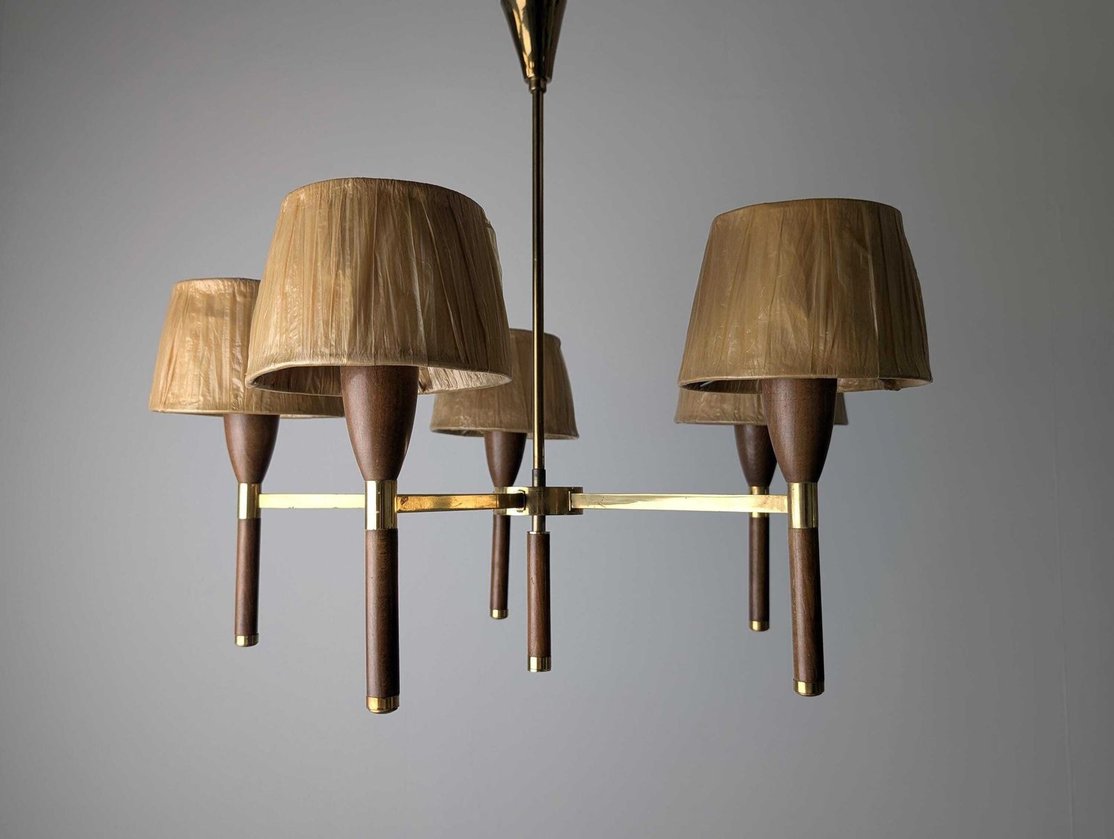 Danish Five Arm Lamp In Wood And Brass, 1950s photo for sale