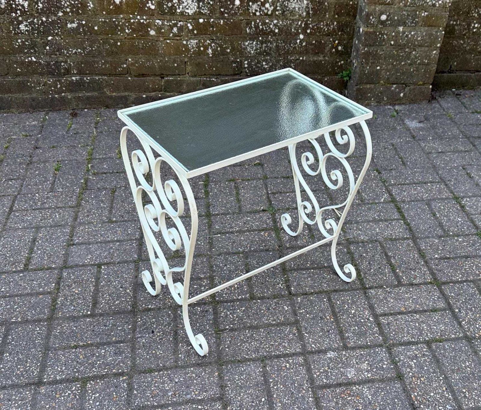 Vintage 1970s Wrought Iron Side Table With Textured Glass Top L