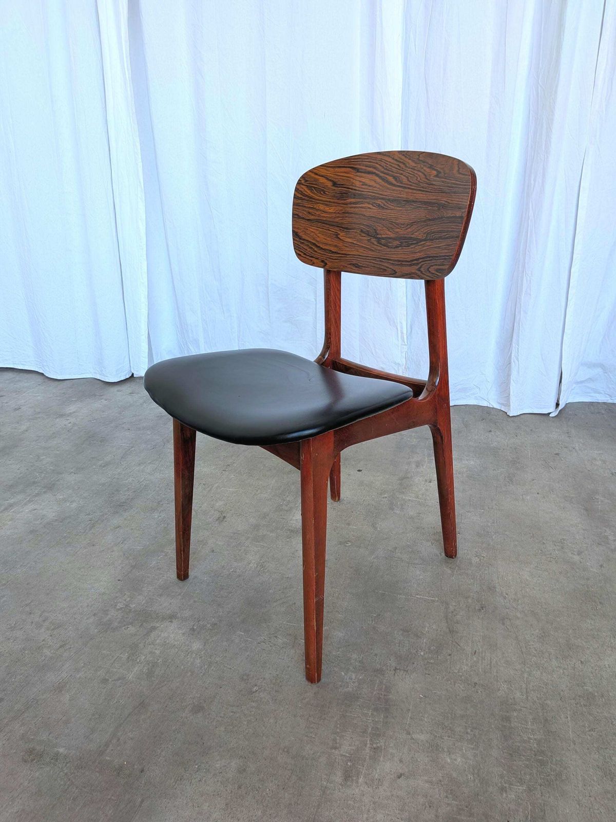 Vintage Mid Century Wooden Dining Chair With Black Leather Seat