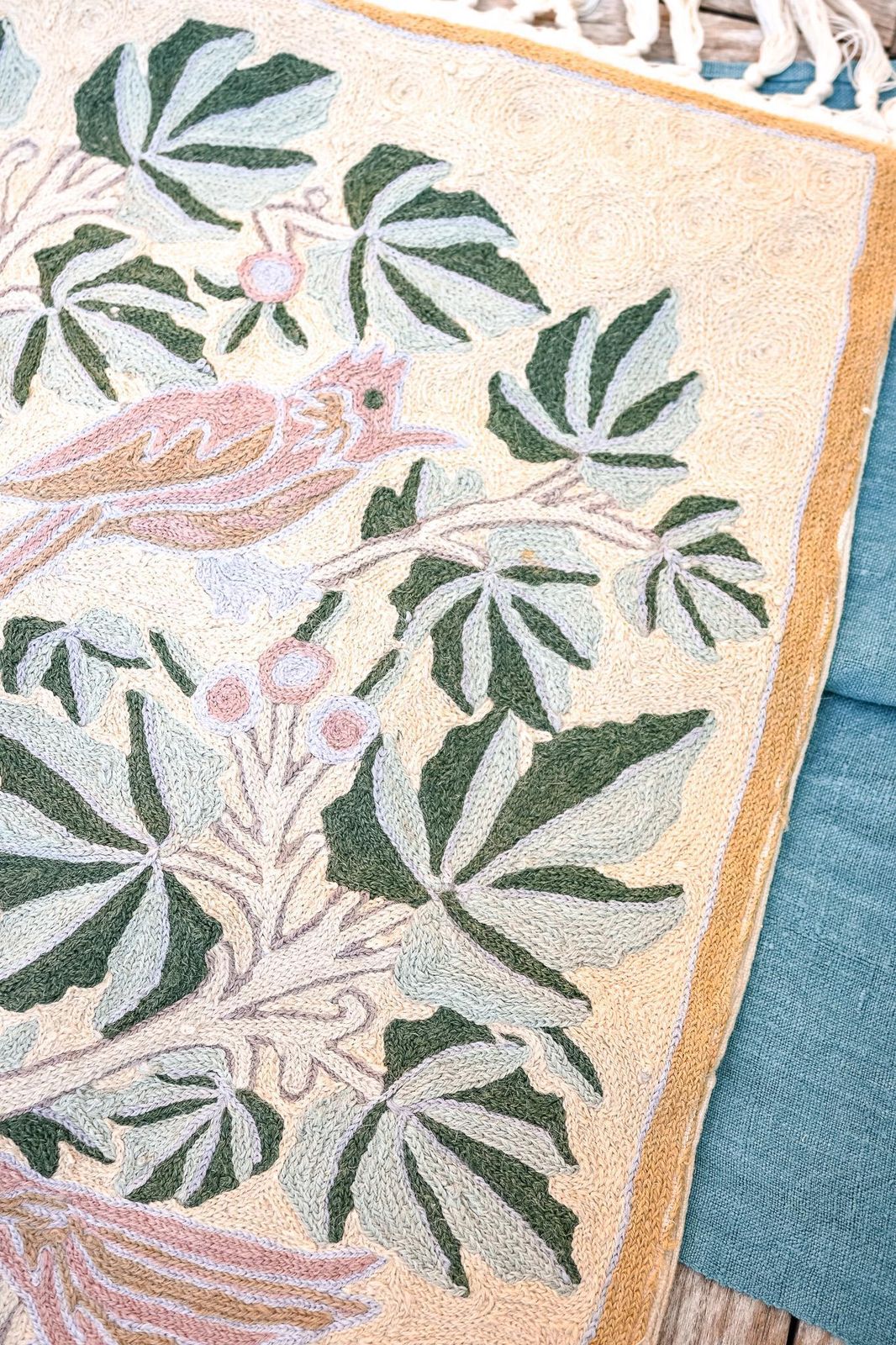 Vintage Hand Embroidered Wool Tapestry | Chain Stitch | Birds & Berries | Tree Of Life | 47x62cm | Kashmir Style | Wall Hanging photo furniture