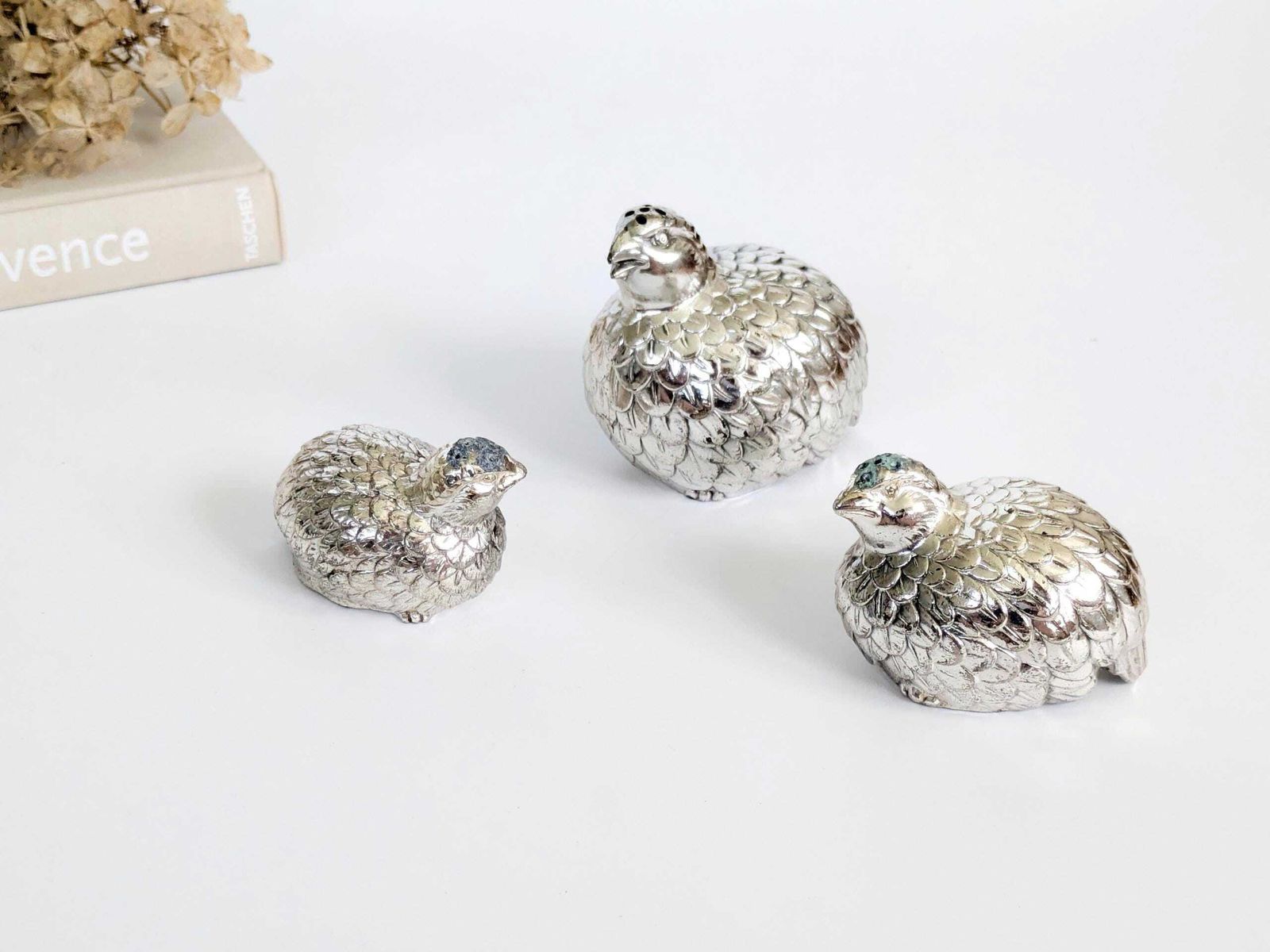 photo vinterior Vintage Silver Plated Quail Shaker Set 3 Italian Mid Century Table Decor Bird