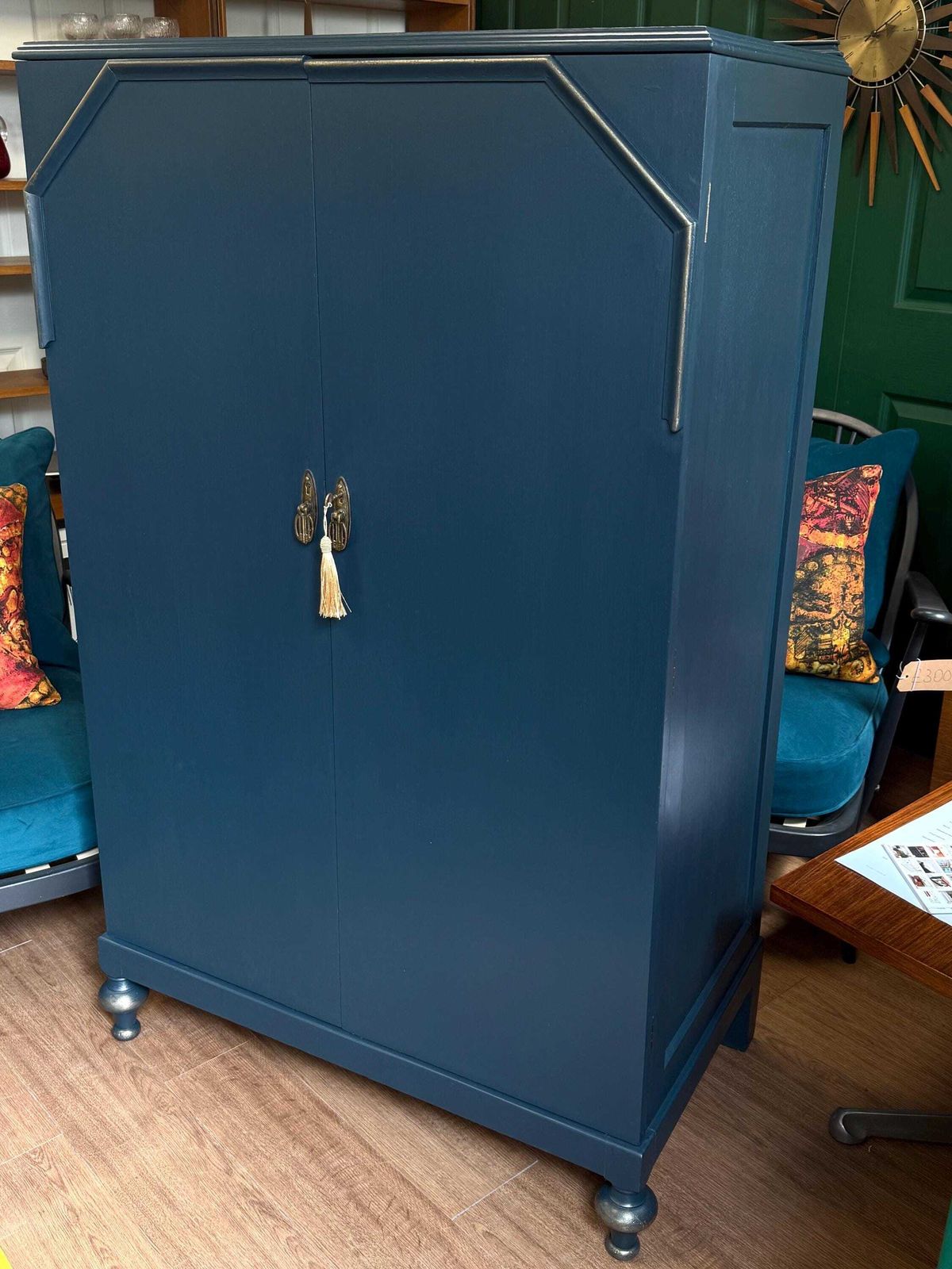 Refurbished Vintage 1930s Gentleman's Wardrobe Linen Cupboard Linen Press Petrol Blue photo for sale
