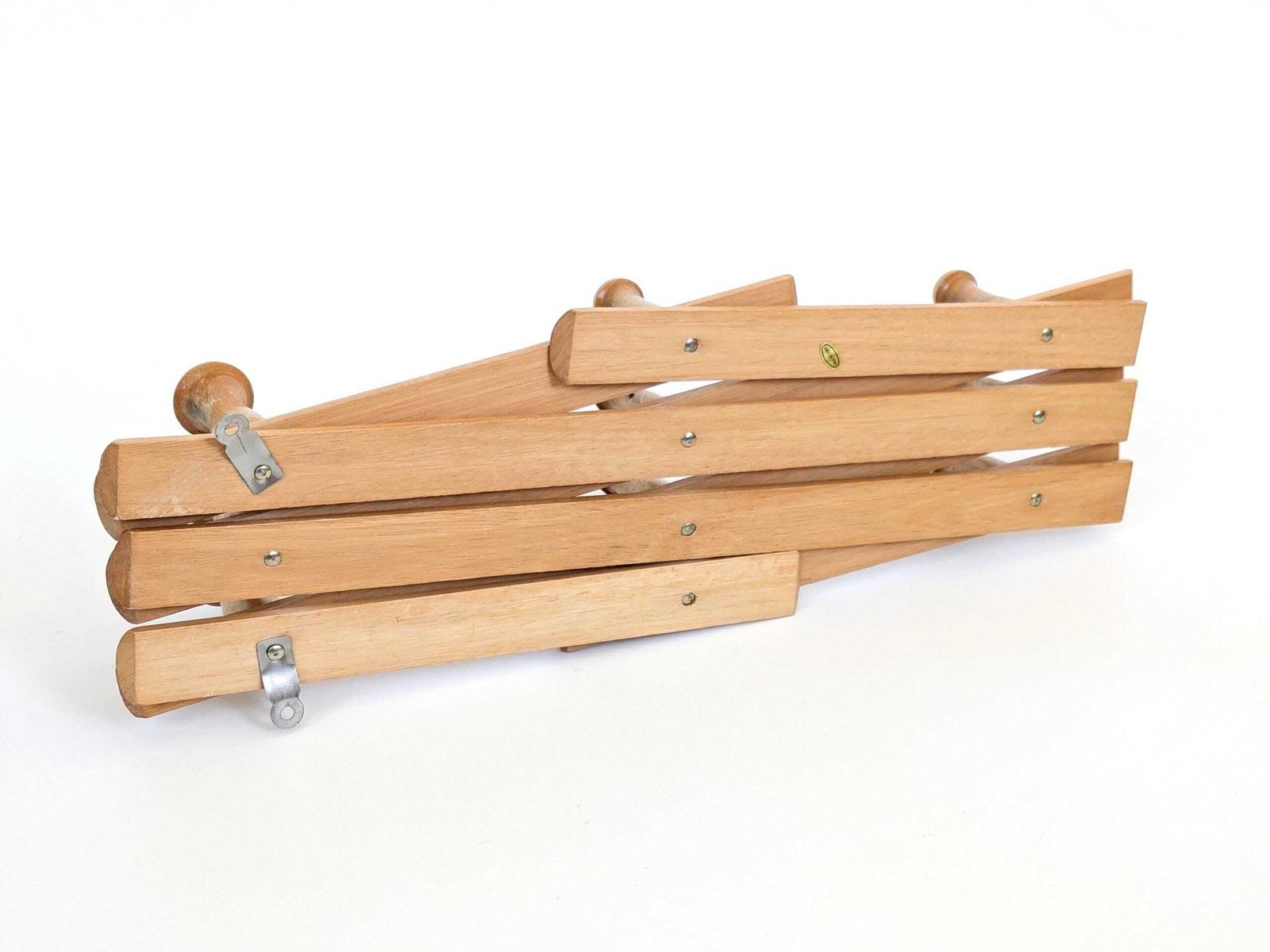 photo for sale Vintage Beech Accordion Wall Coat Rack, Mid Century Expandable Wooden Hooks 10 Pegs