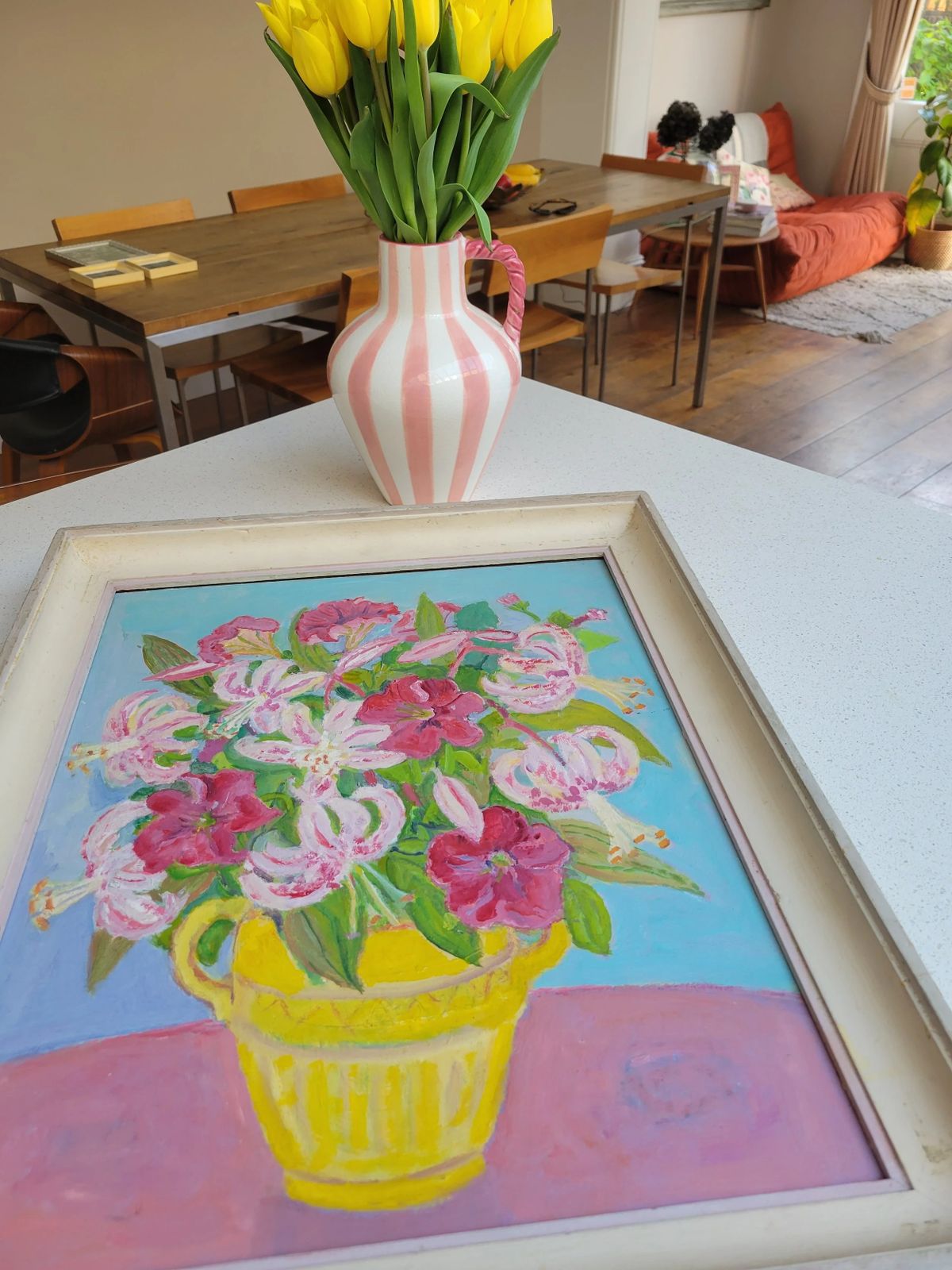 Pink Lilies In A Yellow Jug Original Mid Century Floral Oil On Board photo Art