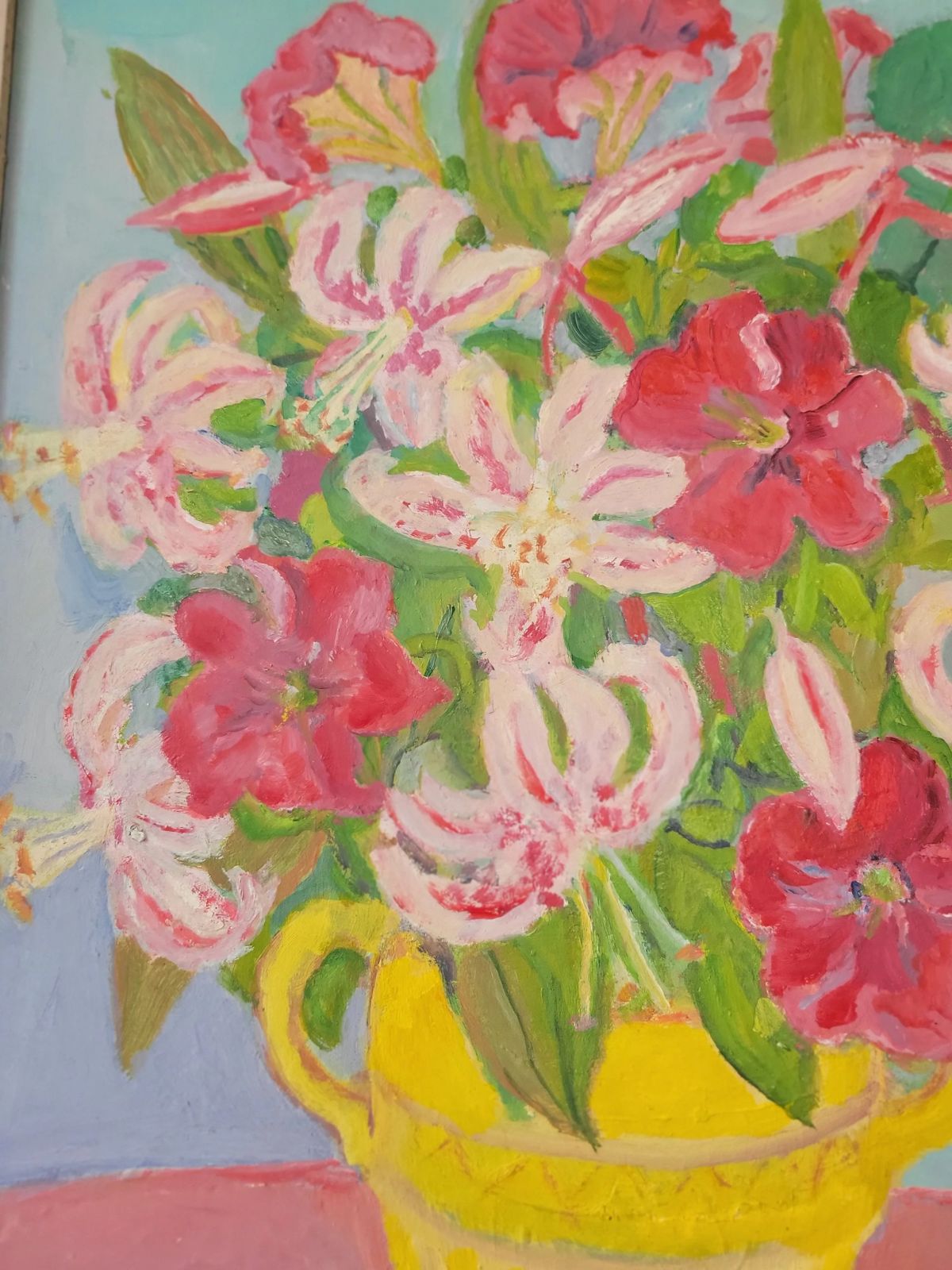 Pink Lilies In A Yellow Jug Original Mid Century Floral Oil On Board photo vinterior