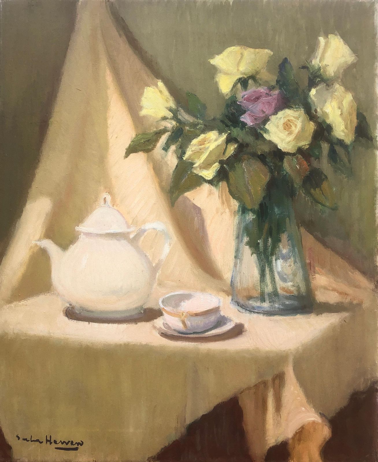 Antonio Sala Herrero Still Life With White Teapot And Roses Catalan Impressionist Oil Canvas Painting C.1975